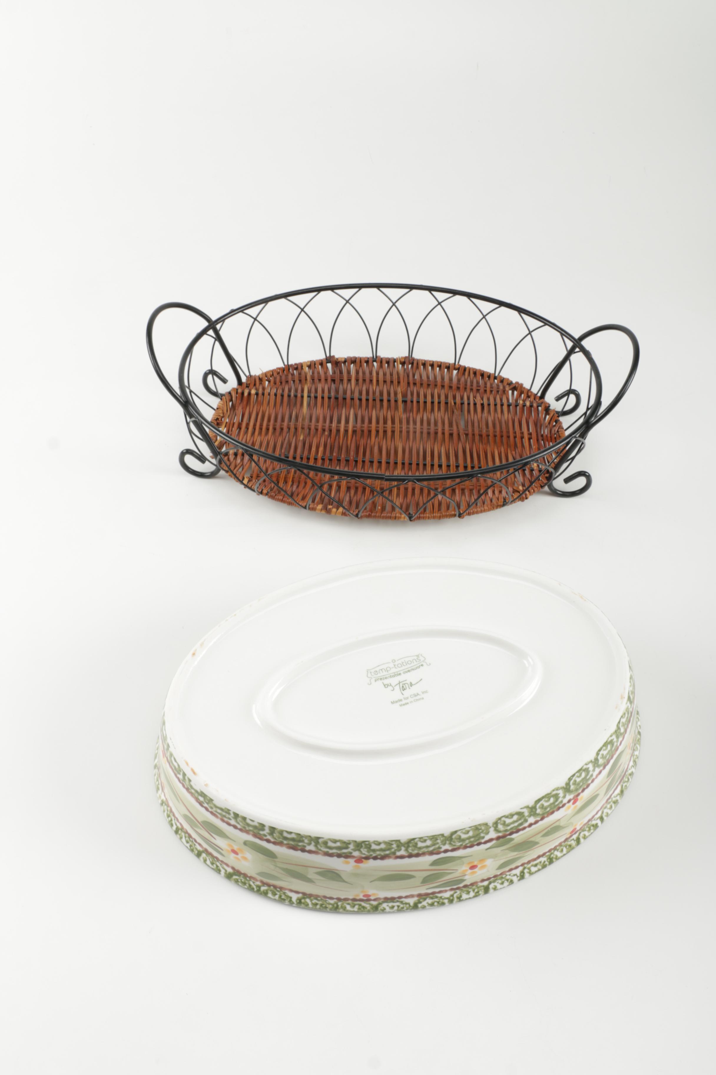 Two Floral Serving Bowls with Stands and Lids and Stone Loaf Pan