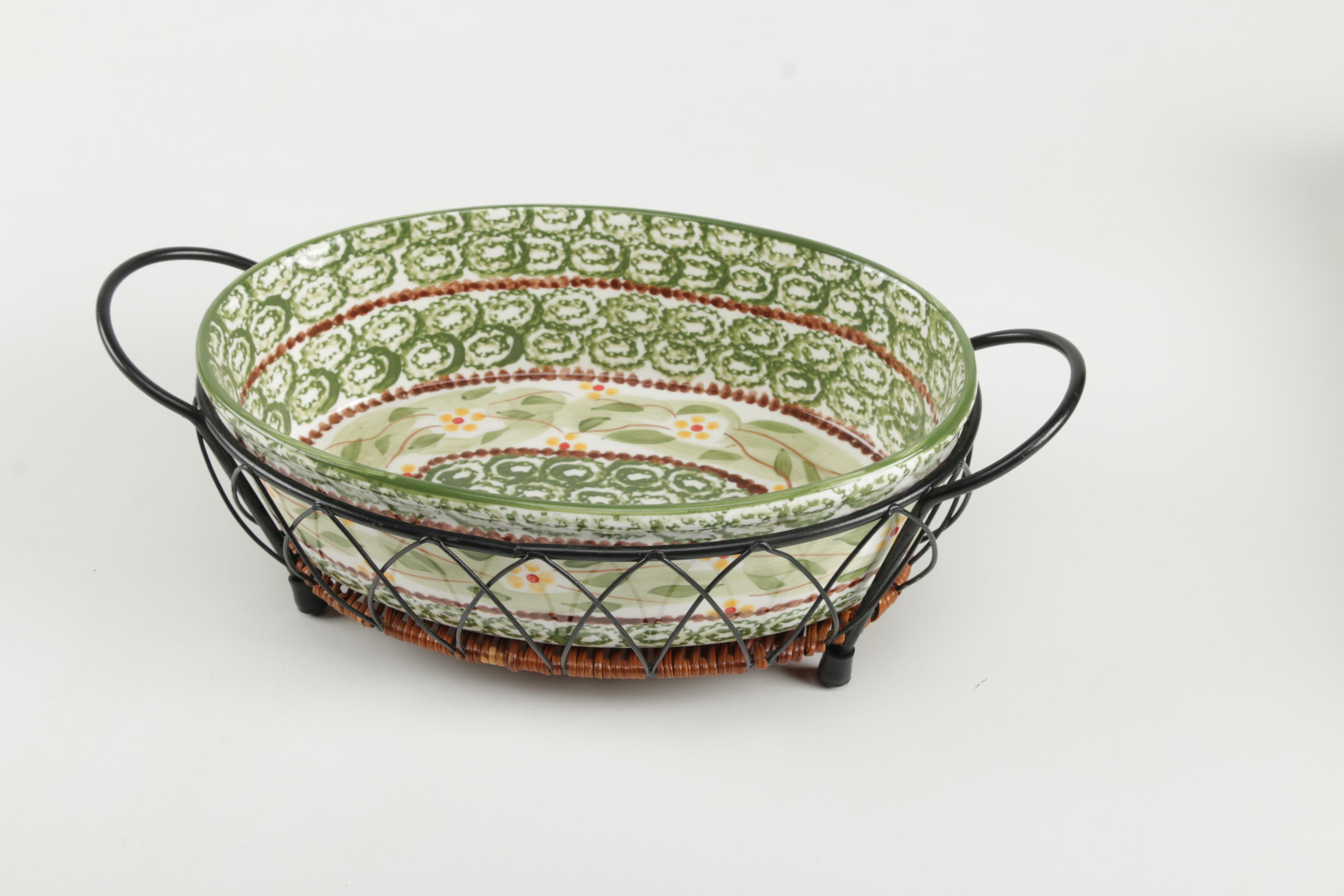 Two Floral Serving Bowls with Stands and Lids and Stone Loaf Pan