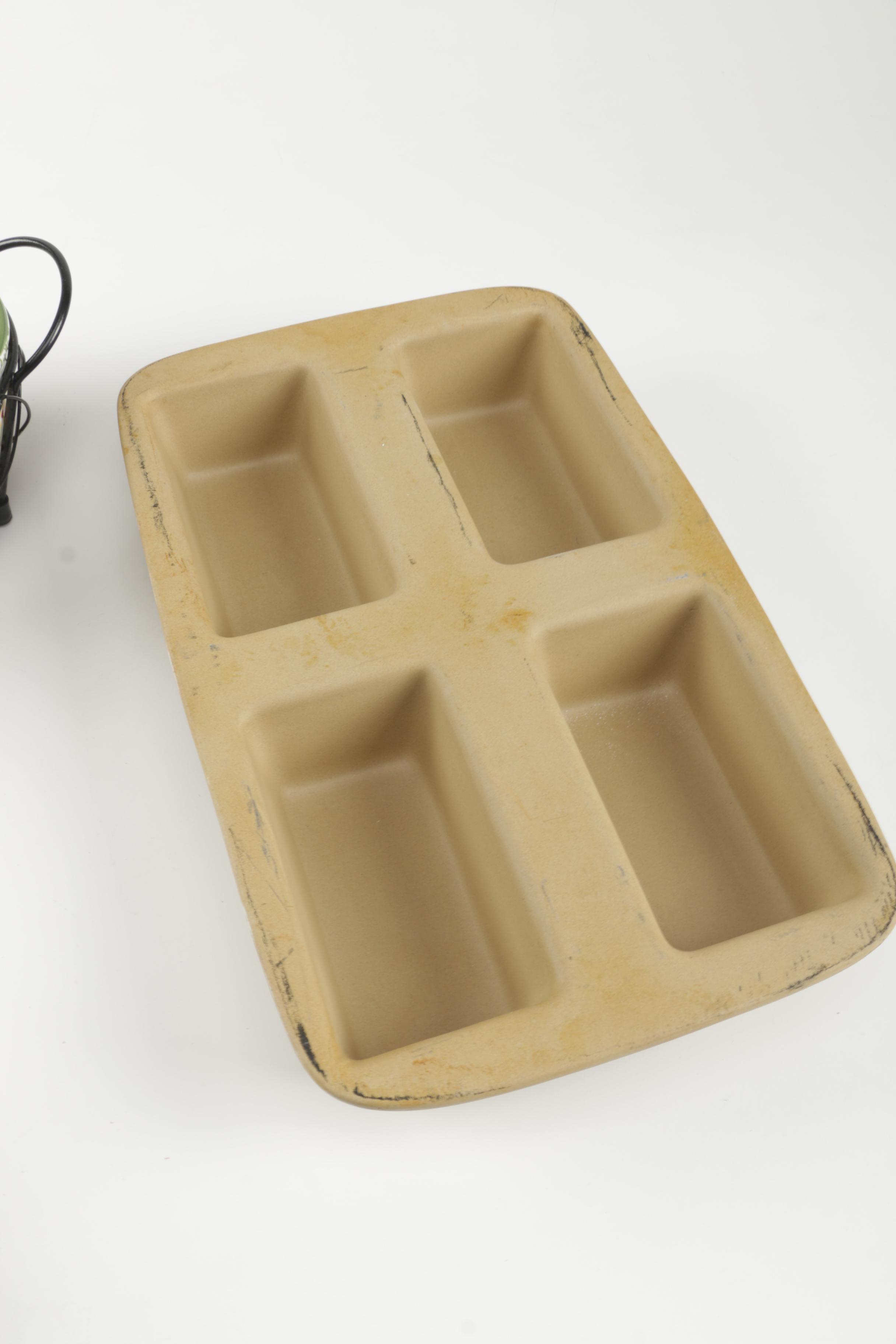 Two Floral Serving Bowls with Stands and Lids and Stone Loaf Pan