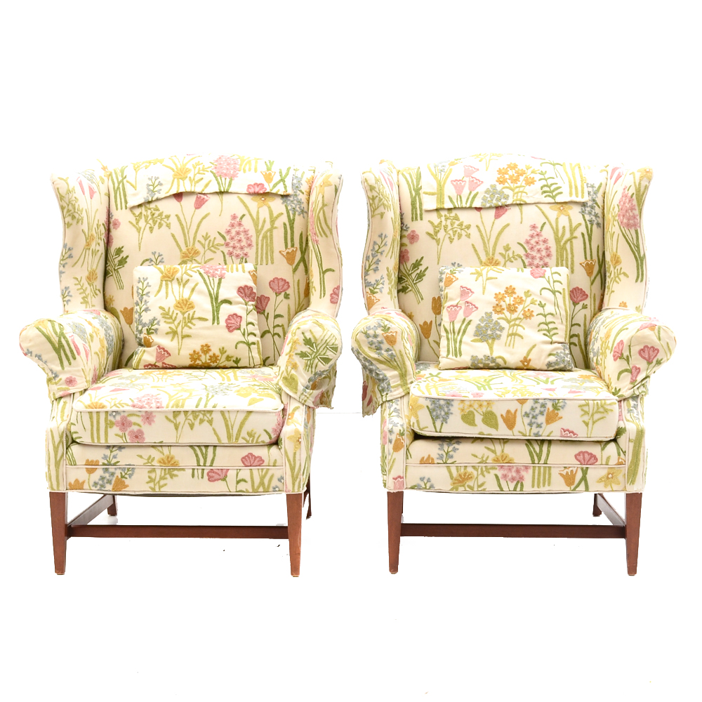 Pair of Embroidered Floral Armchairs