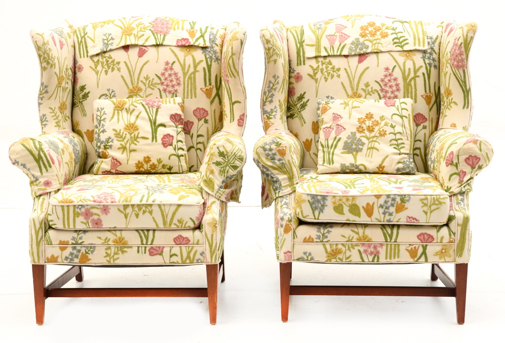 Pair of Embroidered Floral Armchairs