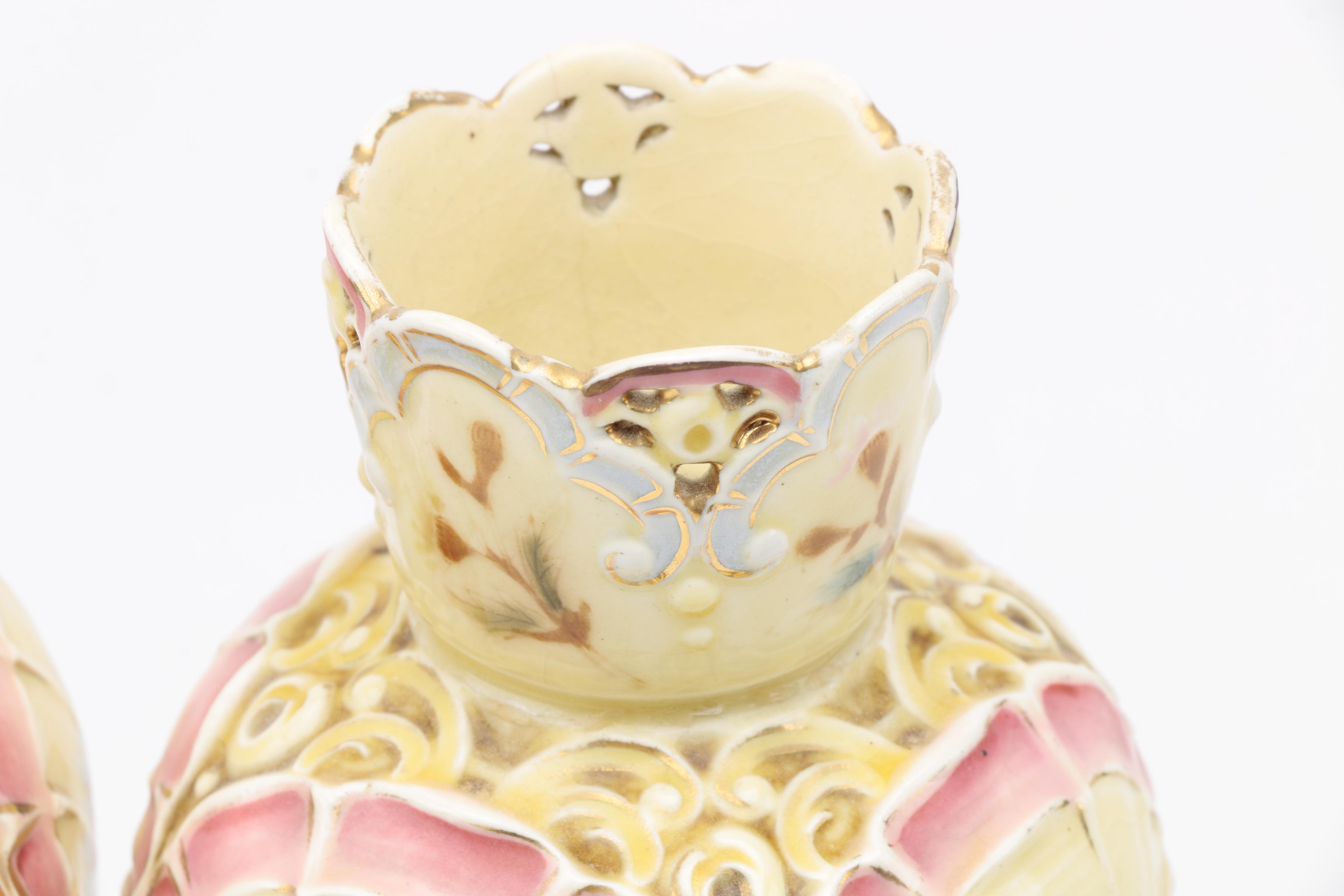 Pair of Vintage Yellow and Pink Floral Ceramic Vases