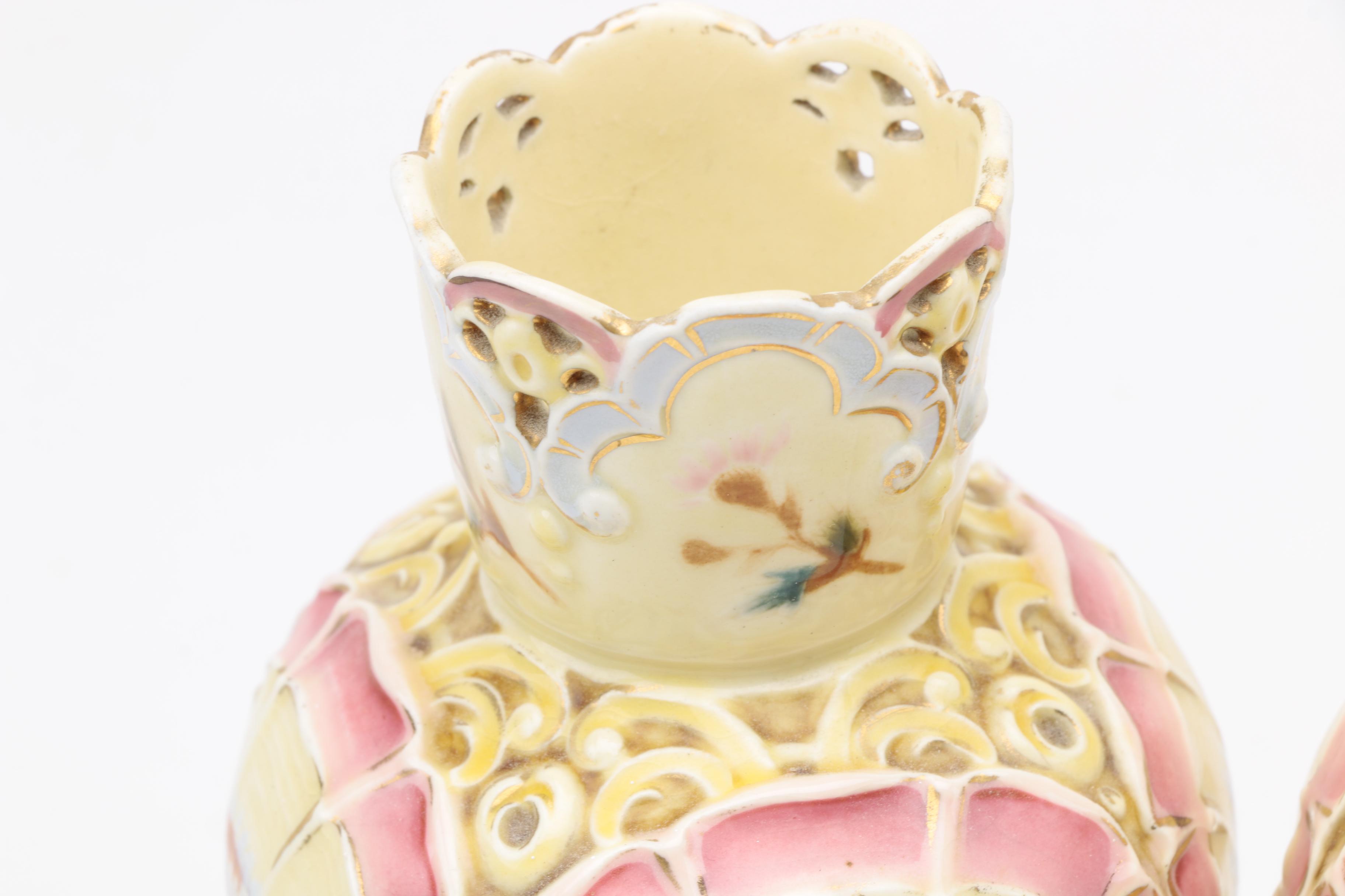 Pair of Vintage Yellow and Pink Floral Ceramic Vases