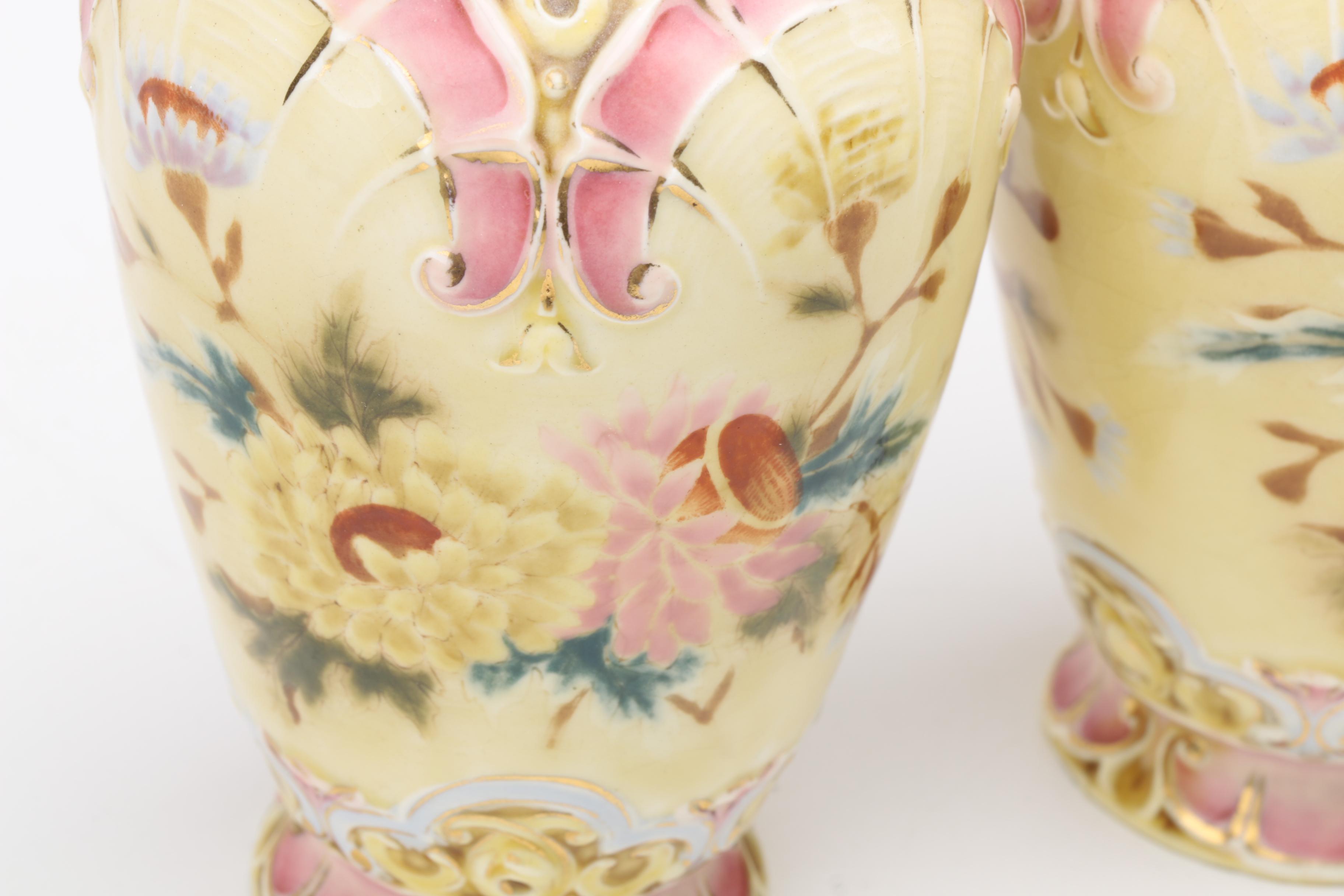 Pair of Vintage Yellow and Pink Floral Ceramic Vases