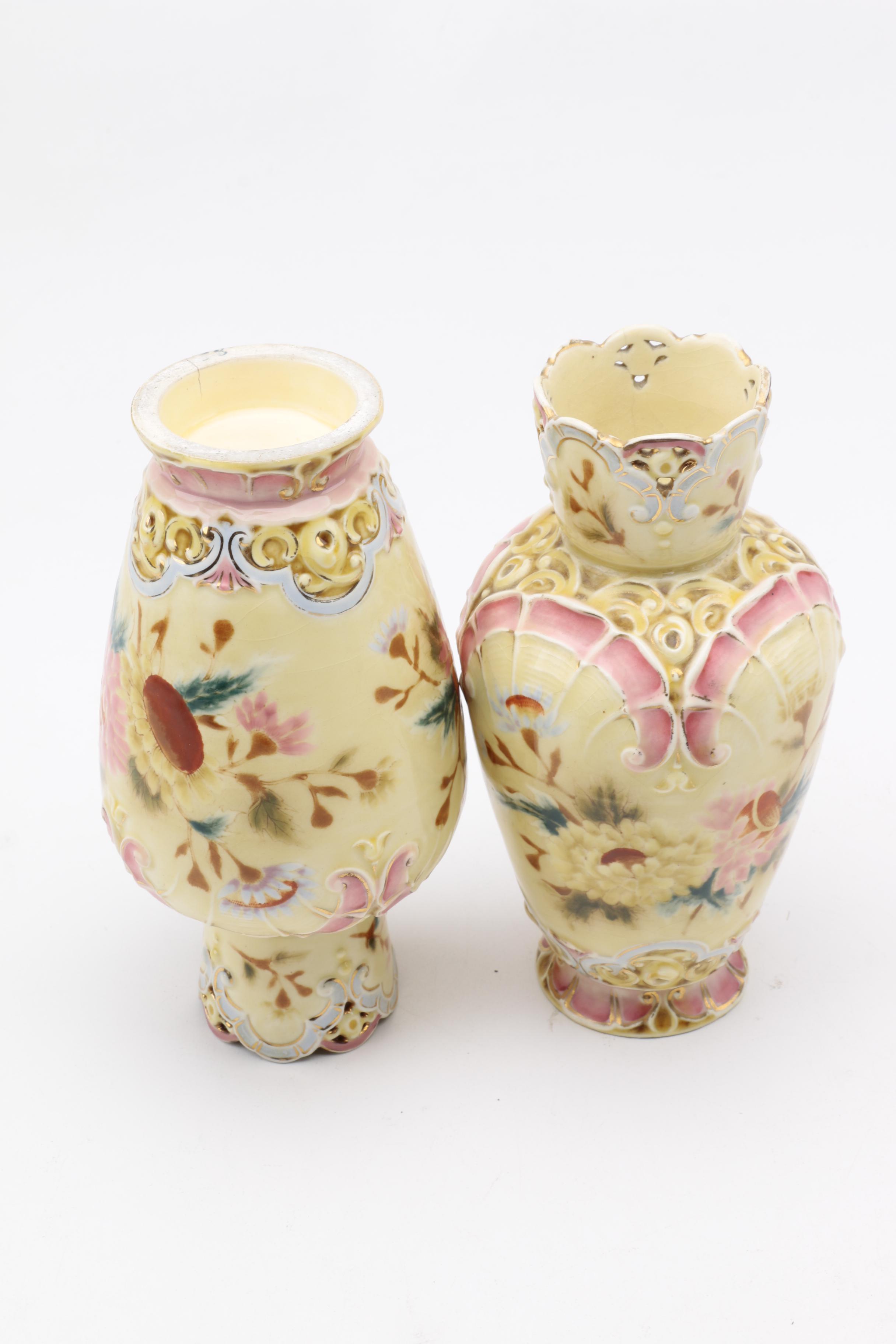 Pair of Vintage Yellow and Pink Floral Ceramic Vases