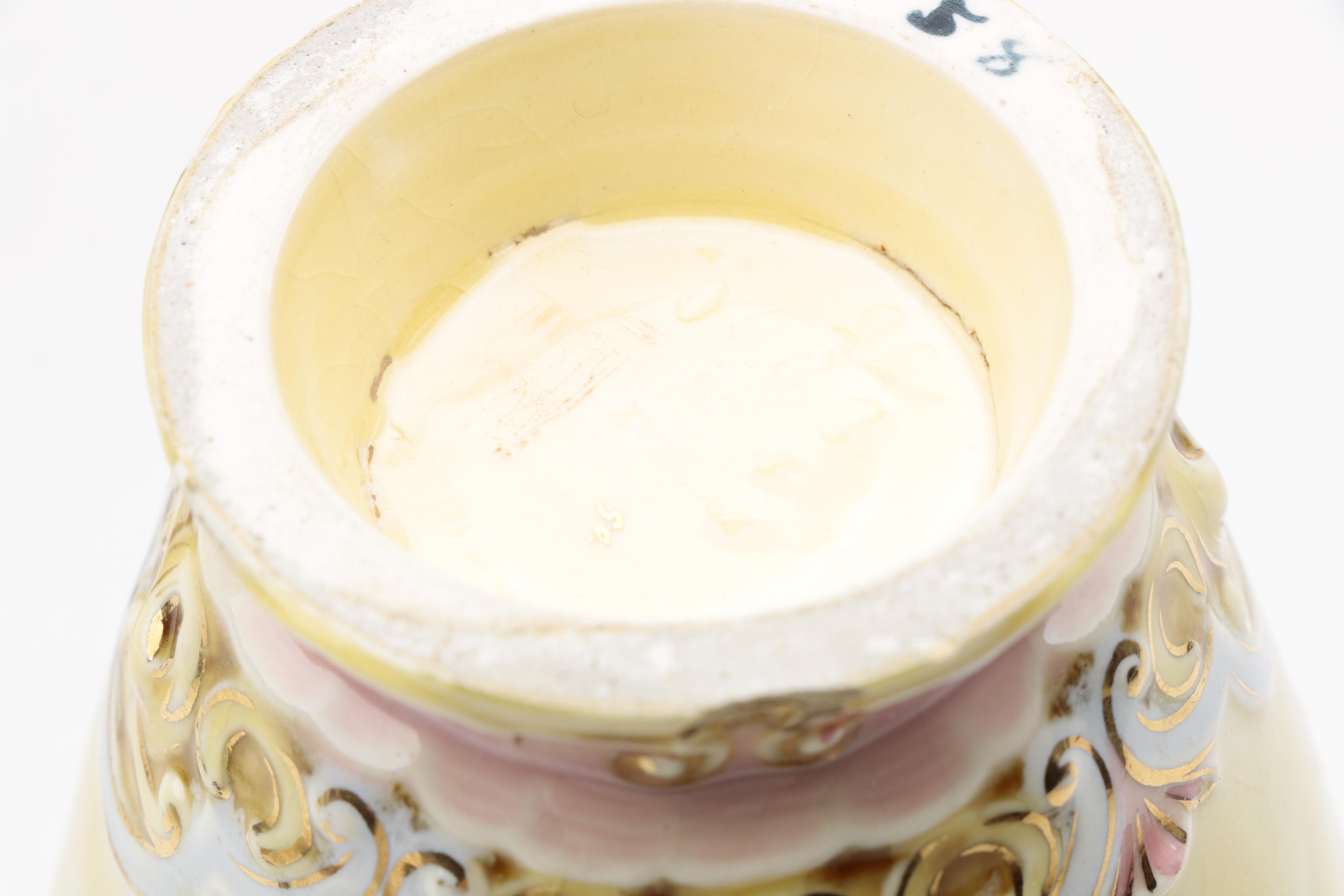 Pair of Vintage Yellow and Pink Floral Ceramic Vases