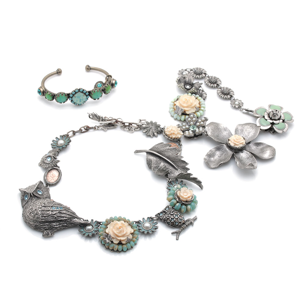 Mary Demarco Silver Tone Blue and Green Stone Bracelet and Necklaces