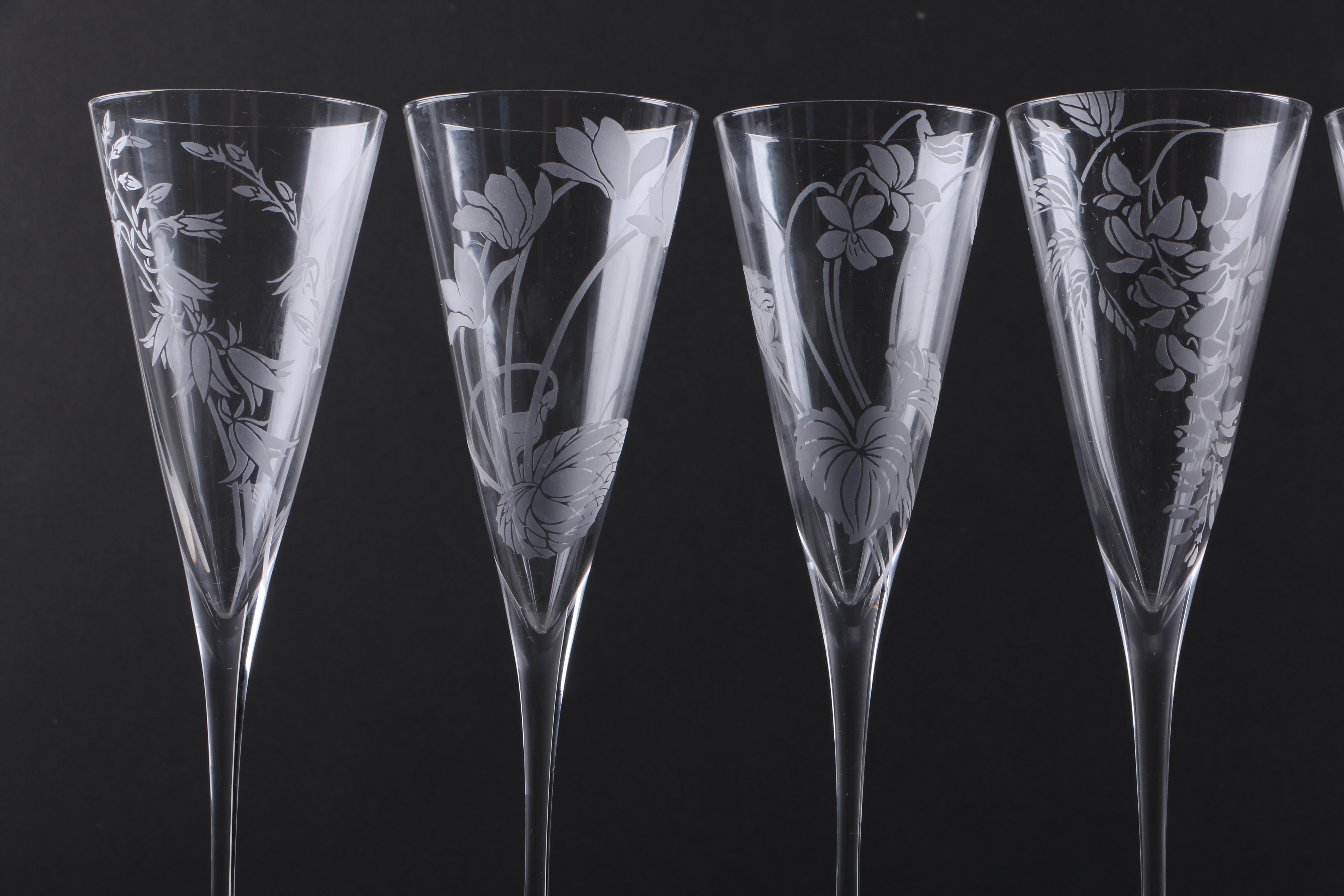 "Les Fleurs de Champagne" Etched Crystal Champagne Flutes by Franklin Mint