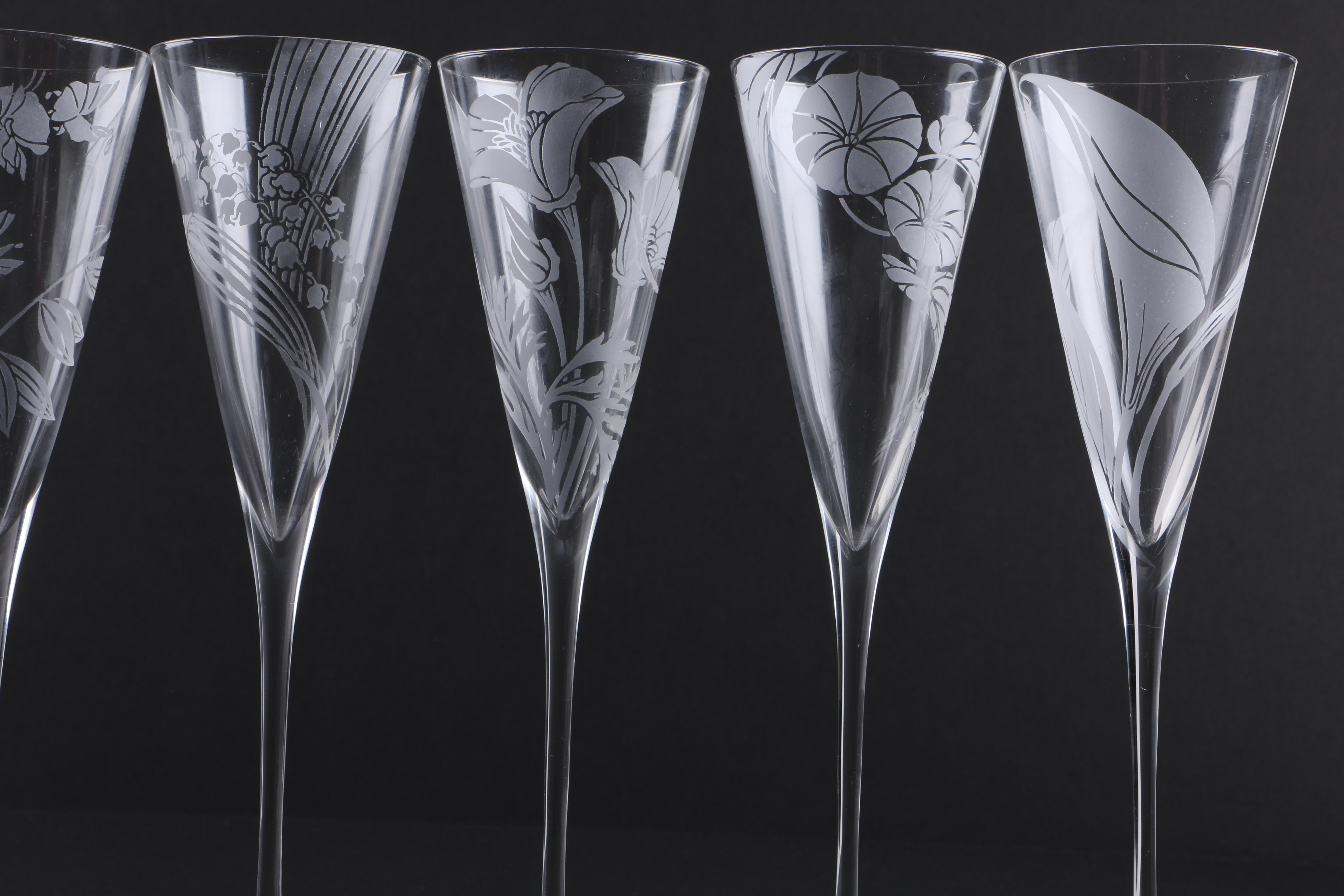 "Les Fleurs de Champagne" Etched Crystal Champagne Flutes by Franklin Mint