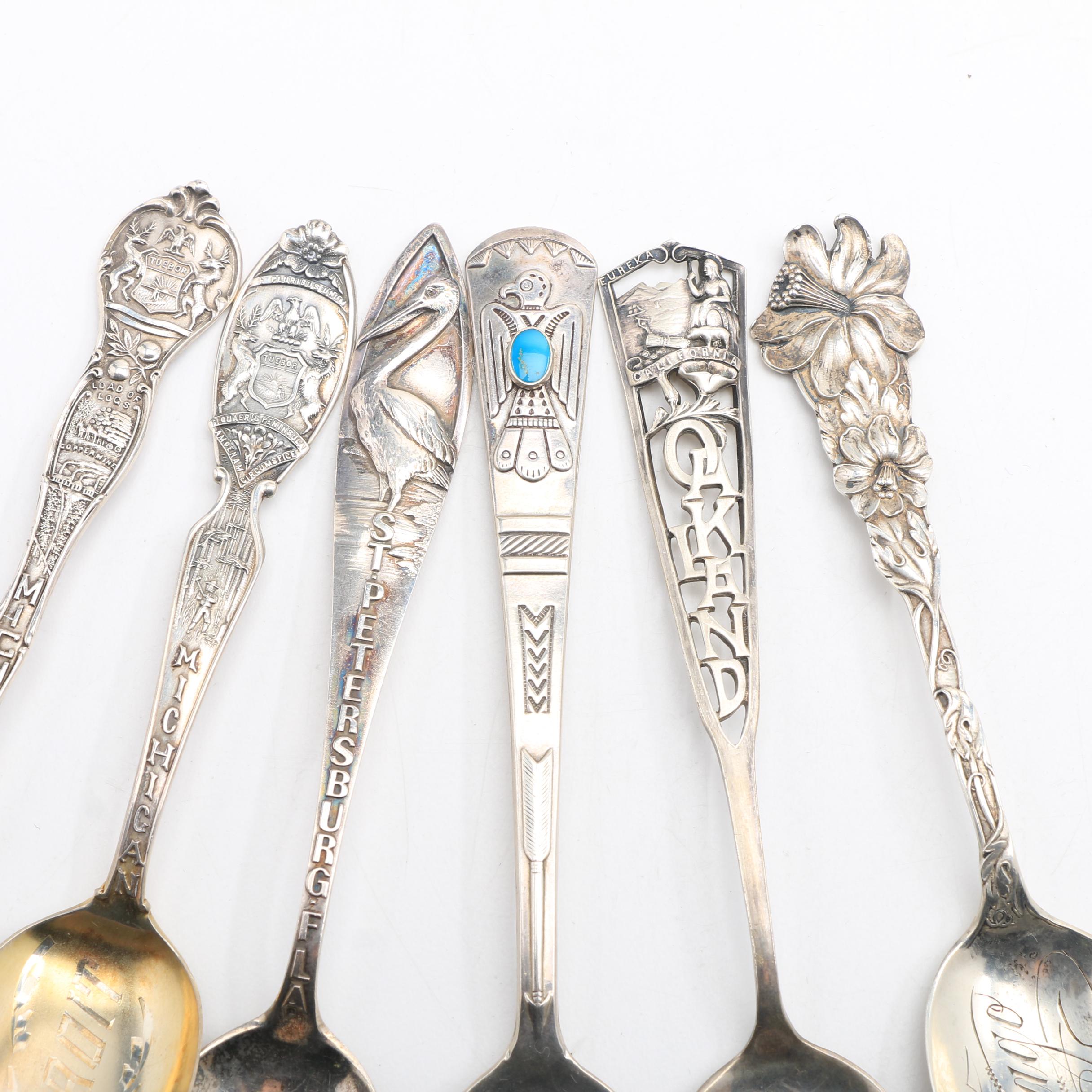 Nineteen Sterling and Coin Silver Souvenir Spoons from Various Cities