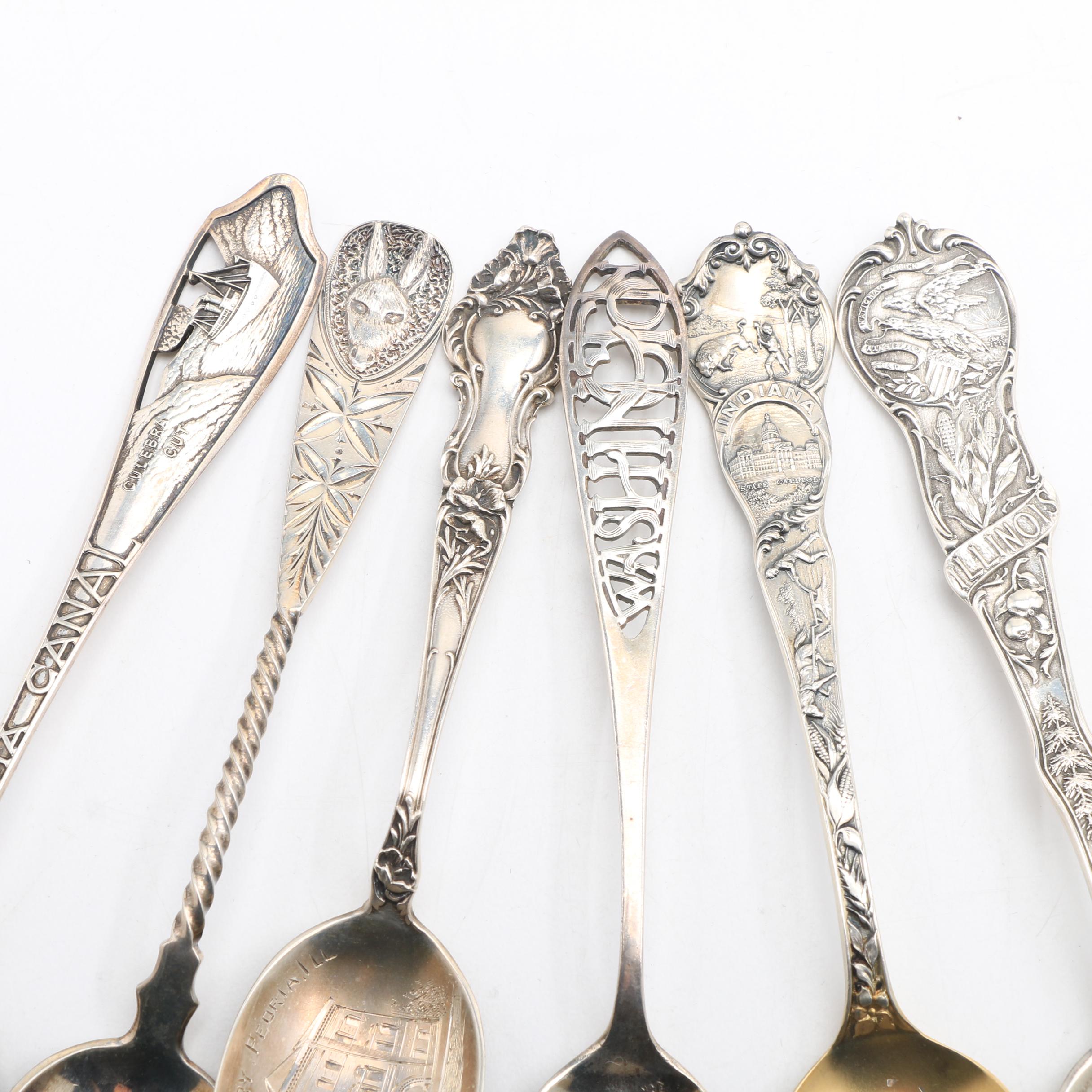 Nineteen Sterling and Coin Silver Souvenir Spoons from Various Cities