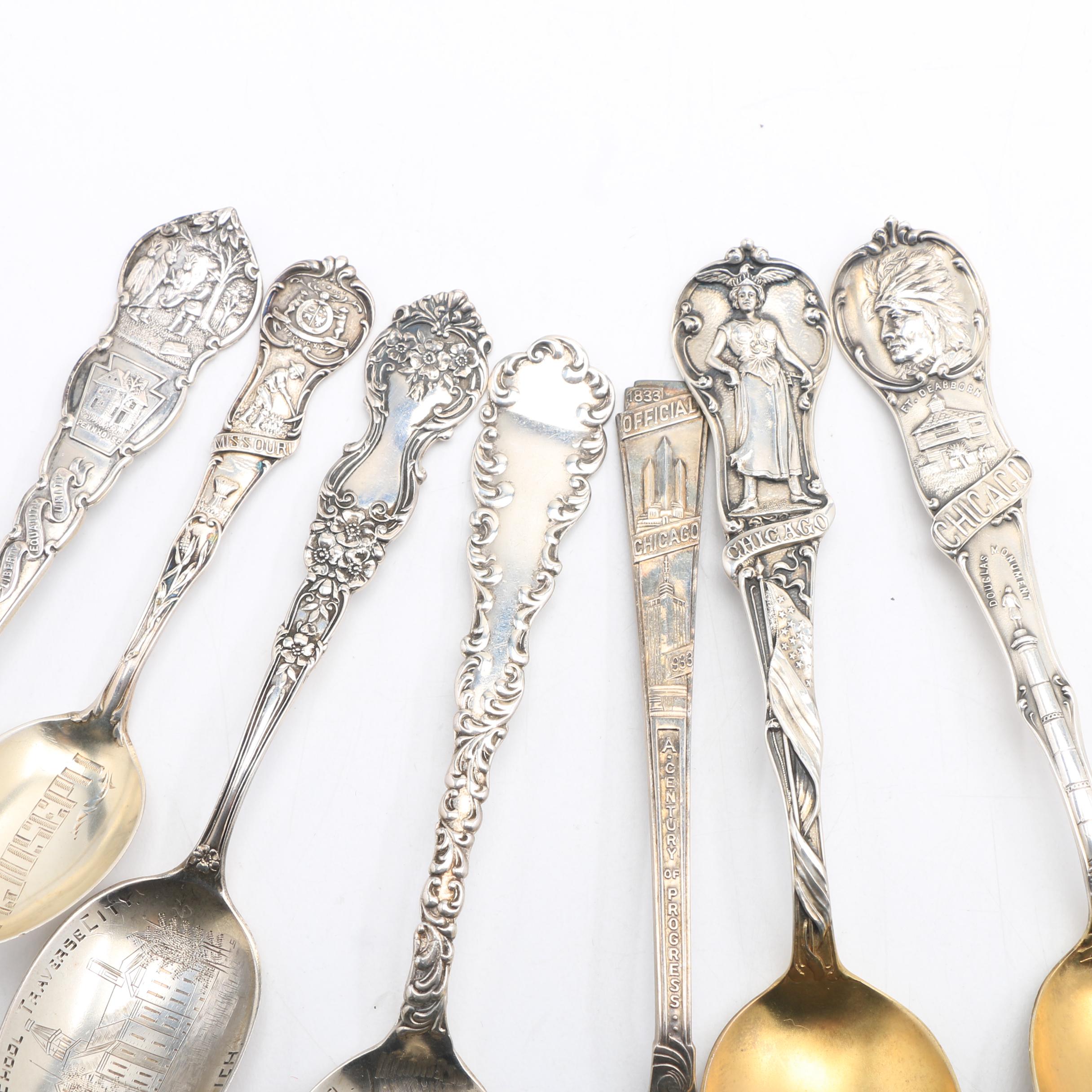 Nineteen Sterling and Coin Silver Souvenir Spoons from Various Cities