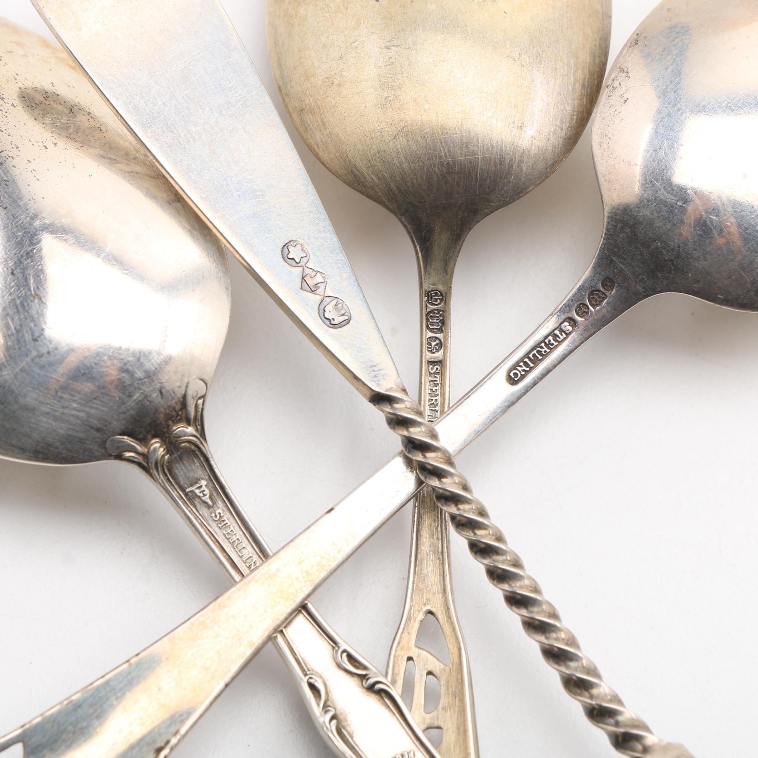 Nineteen Sterling and Coin Silver Souvenir Spoons from Various Cities