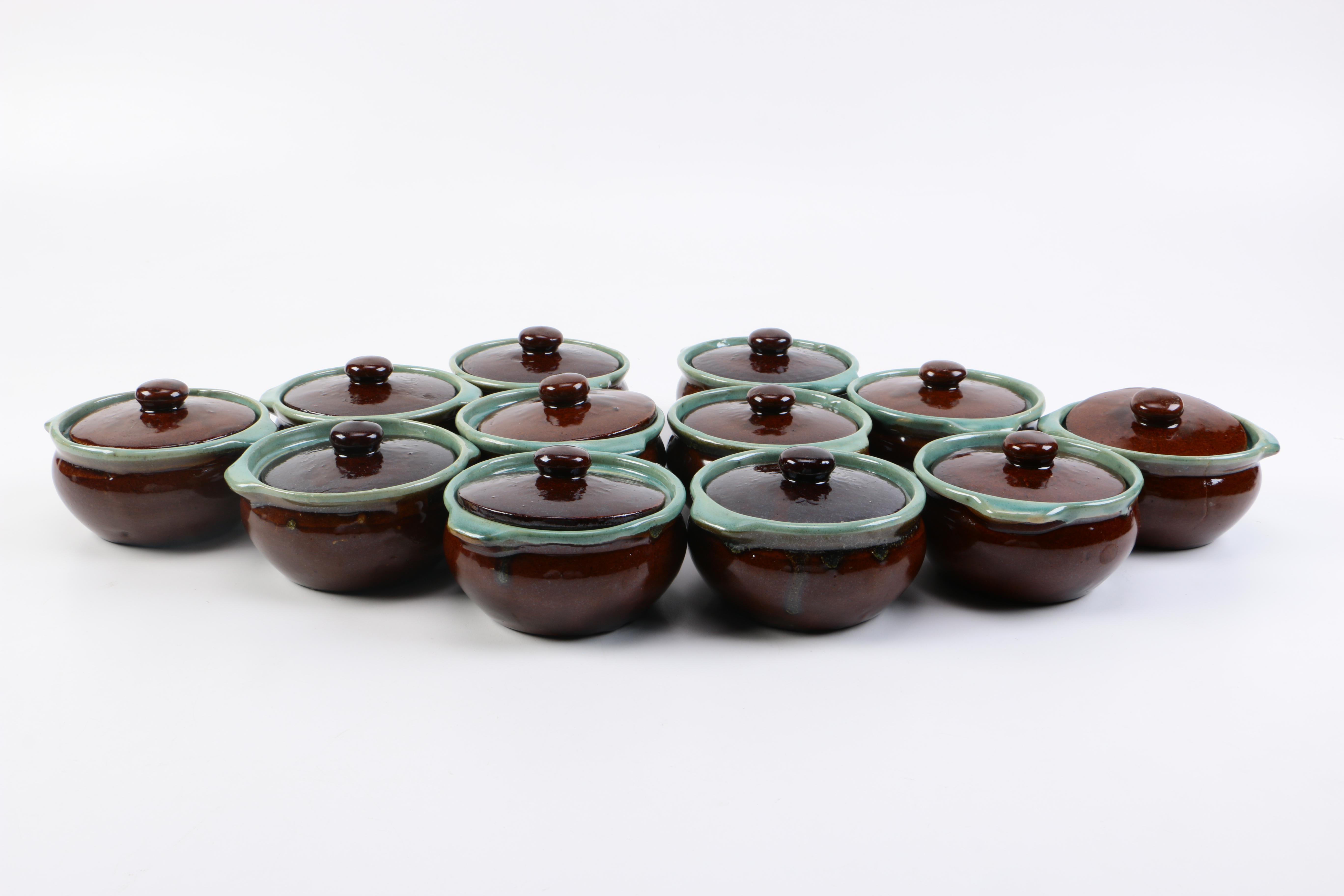 Hand Thrown Stoneware Lidded Crocks with Underplates