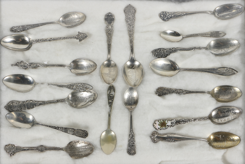 Collection of Eighteen Sterling Silver Travel Souvenir Spoons