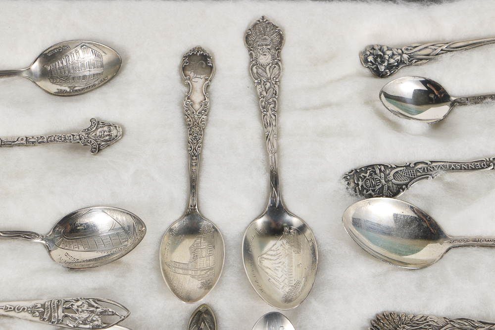 Collection of Eighteen Sterling Silver Travel Souvenir Spoons