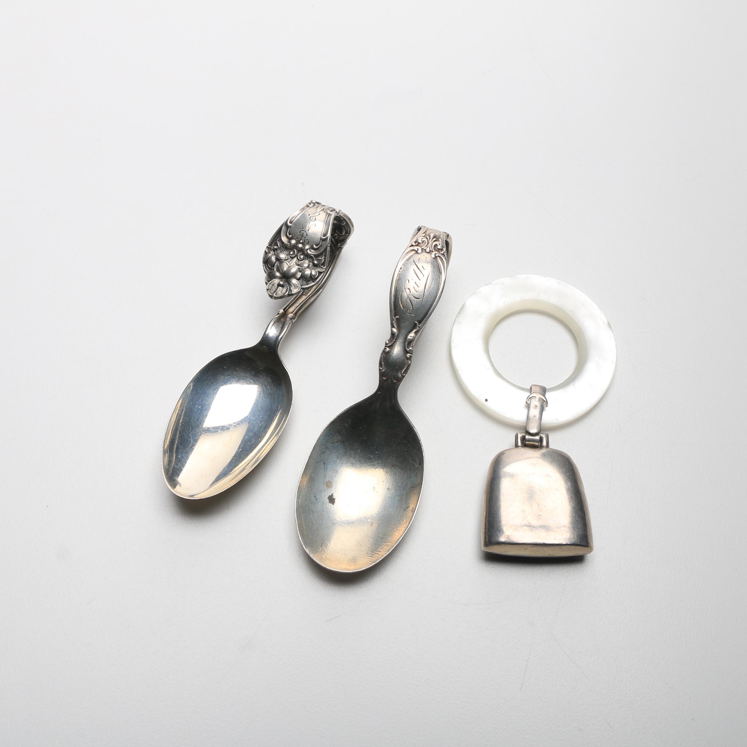 Sterling Silver Baby Spoons, Pushers and a Teething Ring