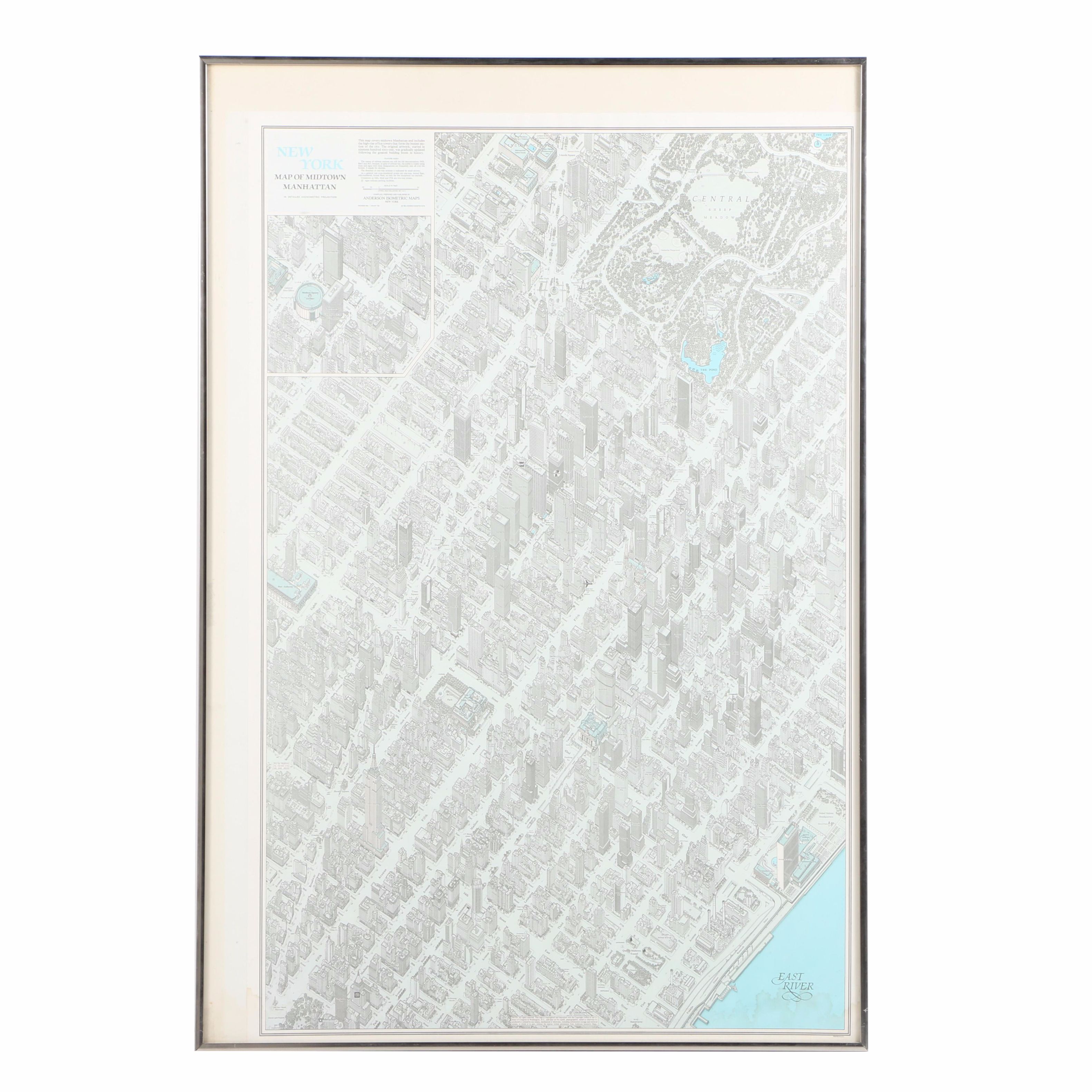Anderson Isometric Maps Lithograph Print Map of Midtown Manhattan
