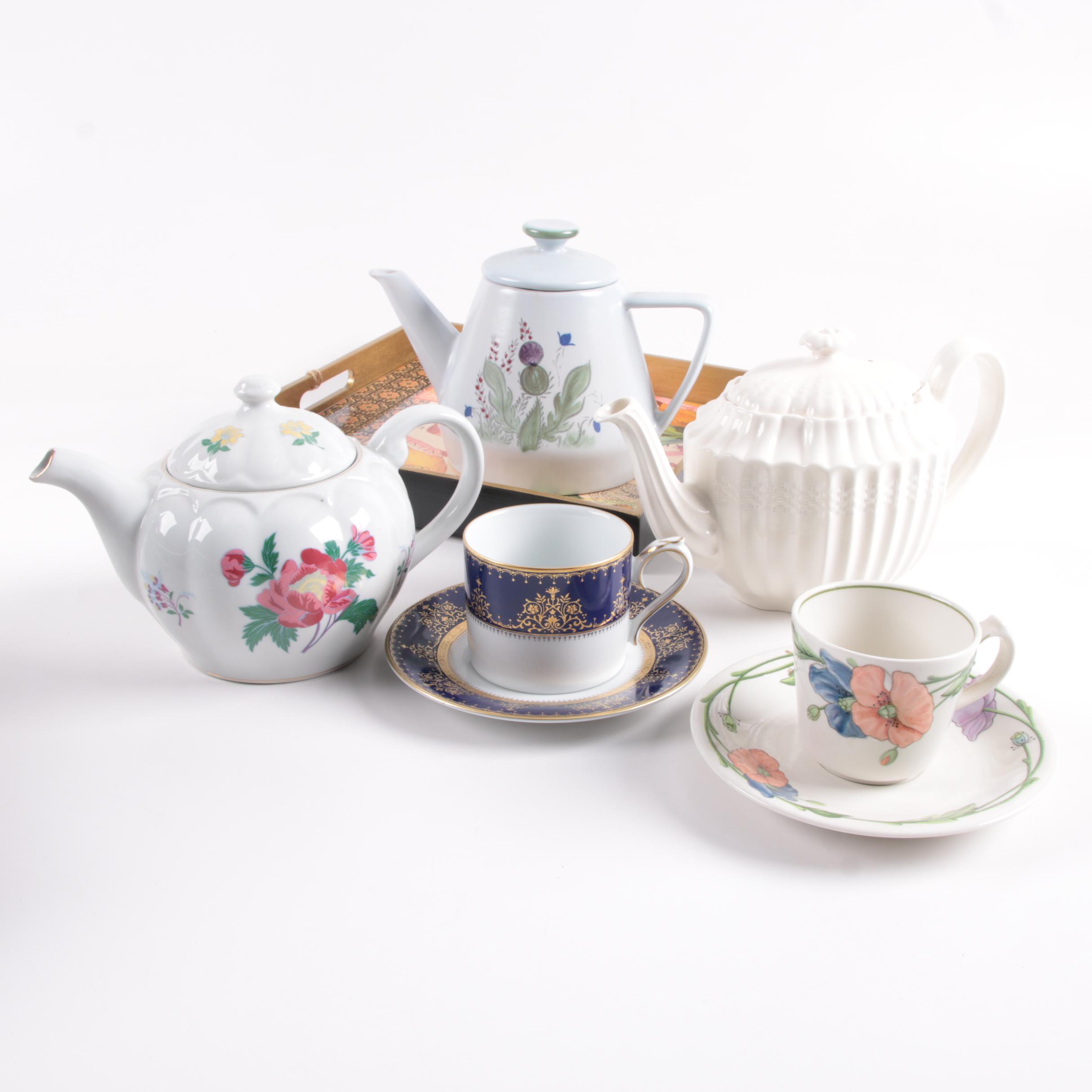 Tea Pots and Tea Cups with Tray Featuring Villeroy & Boch