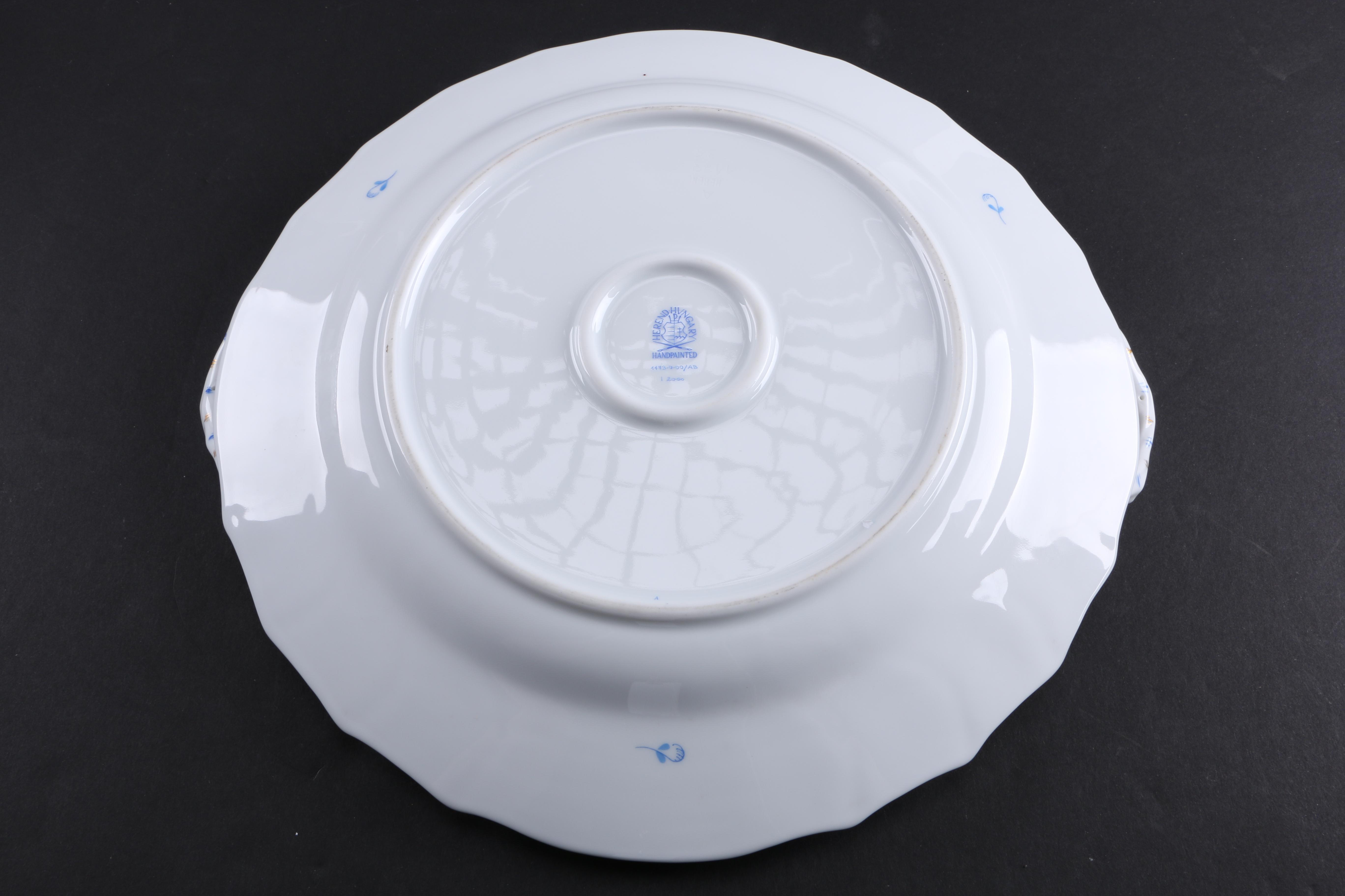 Herend Hungary "Chinese Bouquet Blue" Chop Plate and Pressed Crystal Cake Plate