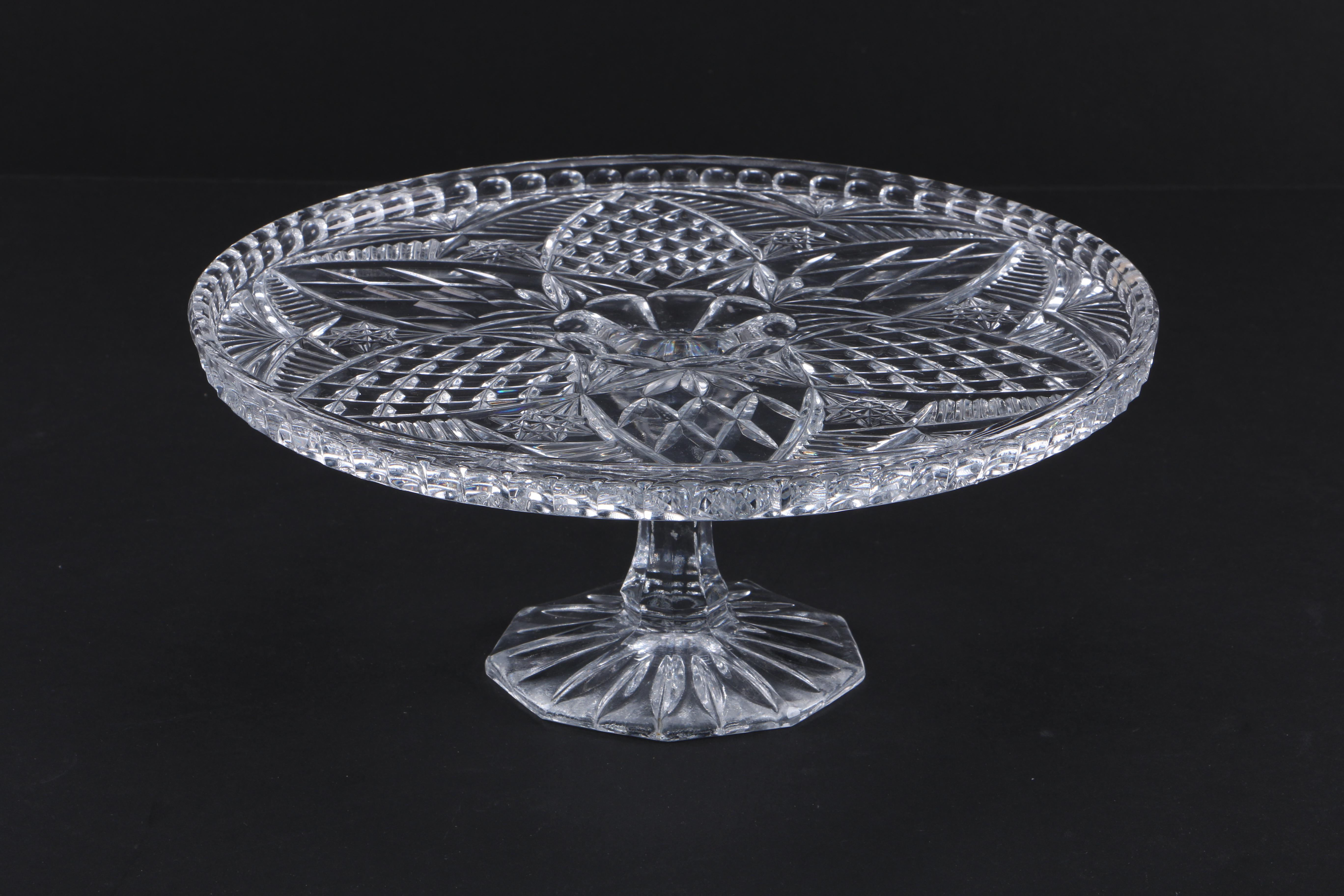 Herend Hungary "Chinese Bouquet Blue" Chop Plate and Pressed Crystal Cake Plate