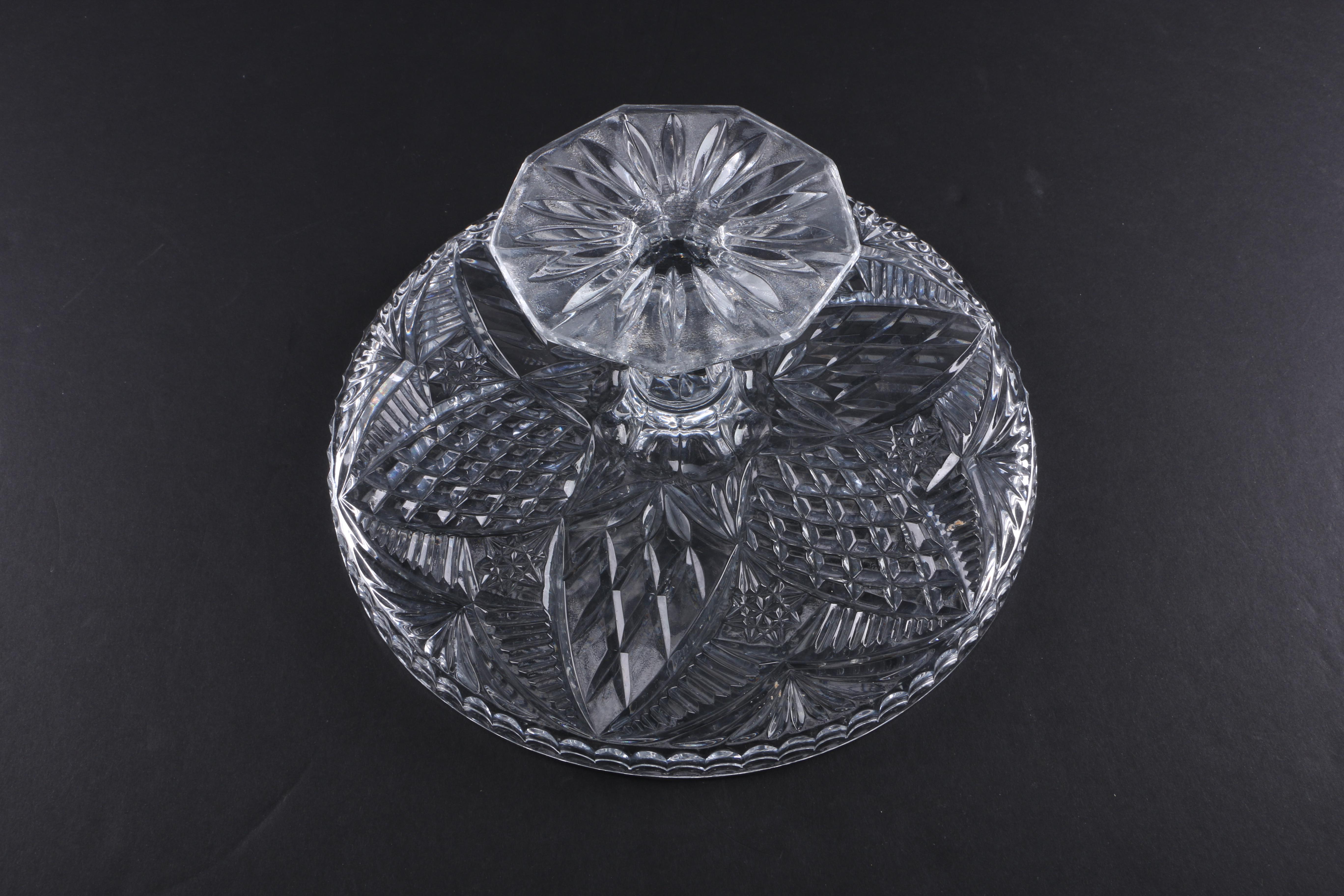 Herend Hungary "Chinese Bouquet Blue" Chop Plate and Pressed Crystal Cake Plate