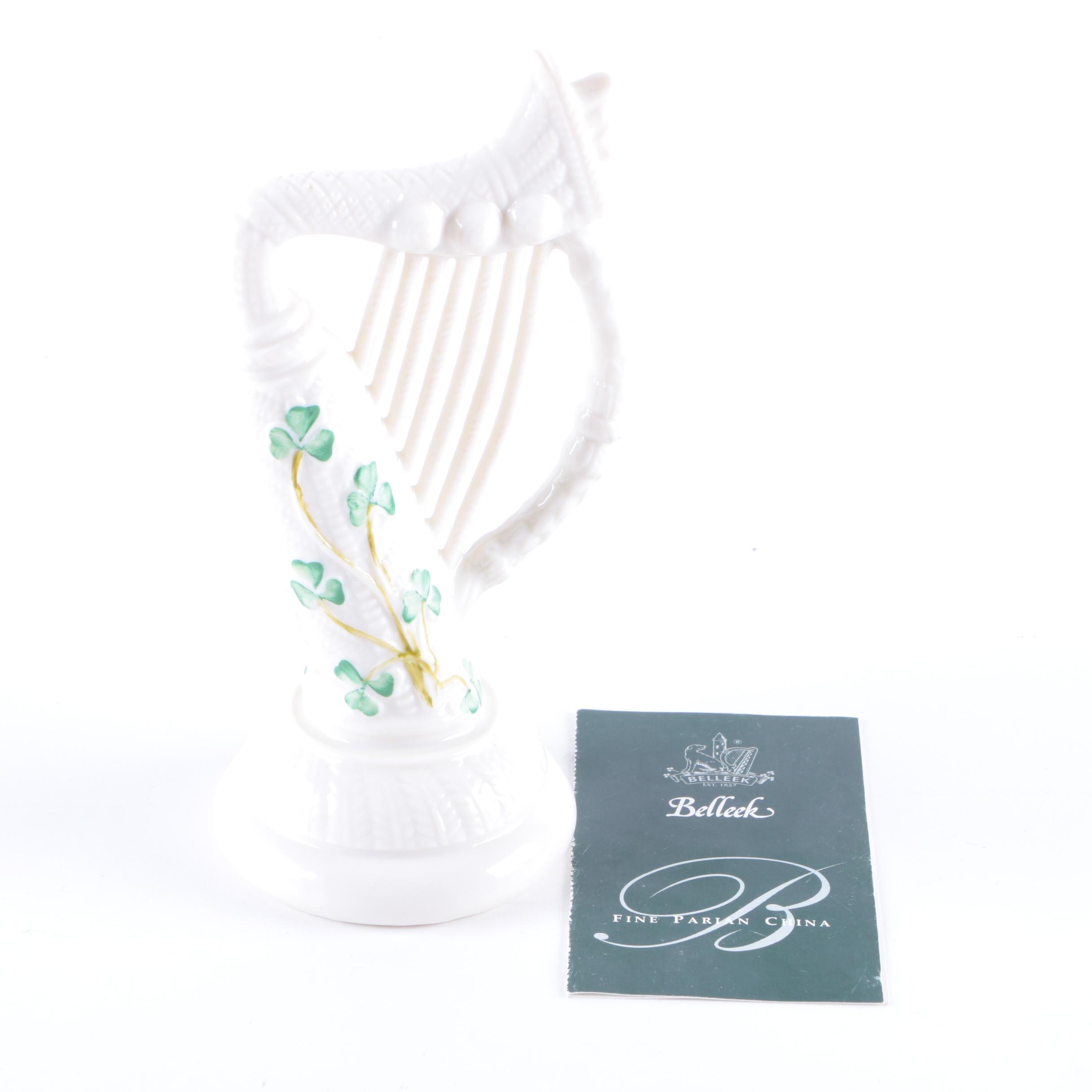 Belleek China Harp with Shamrocks