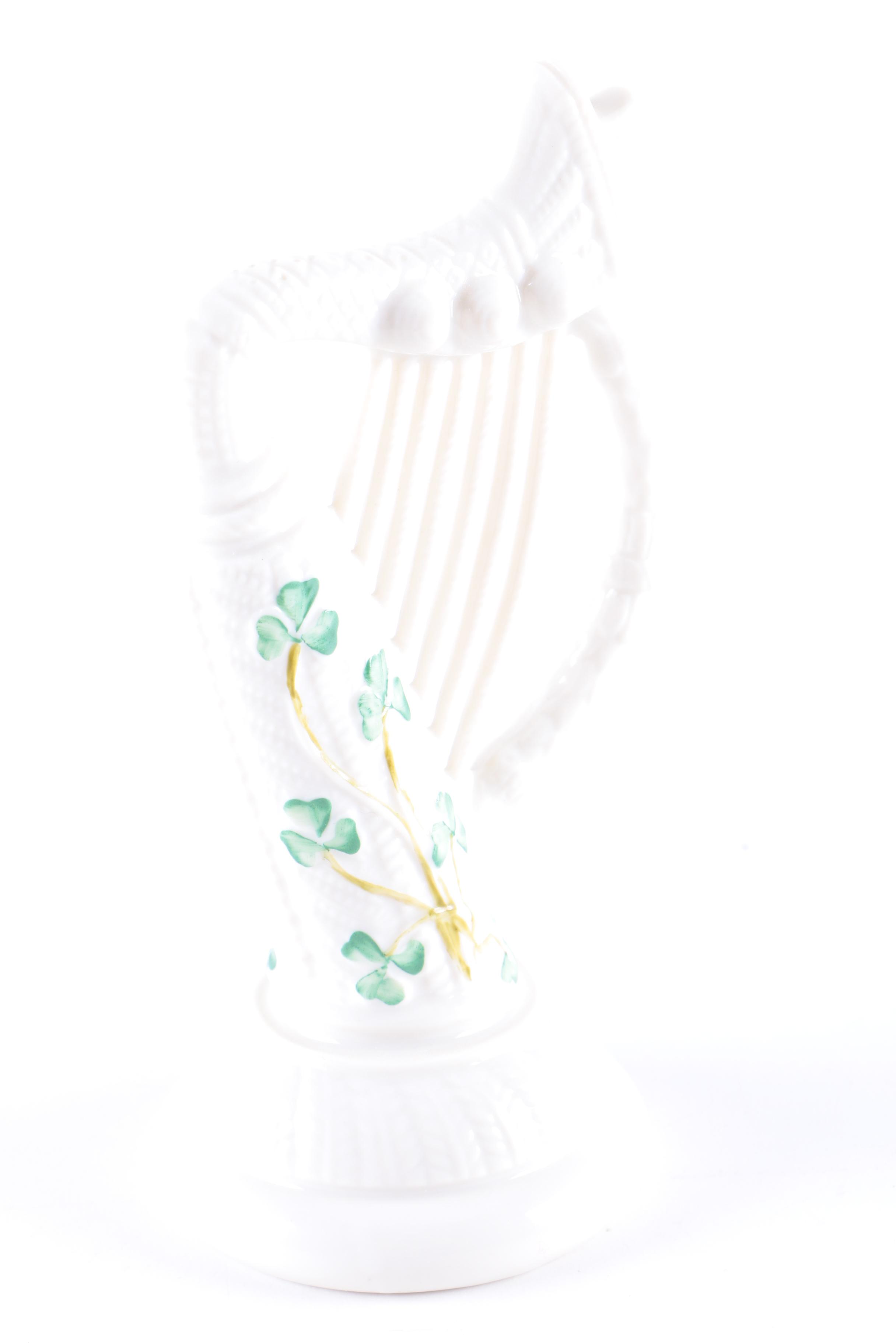 Belleek China Harp with Shamrocks