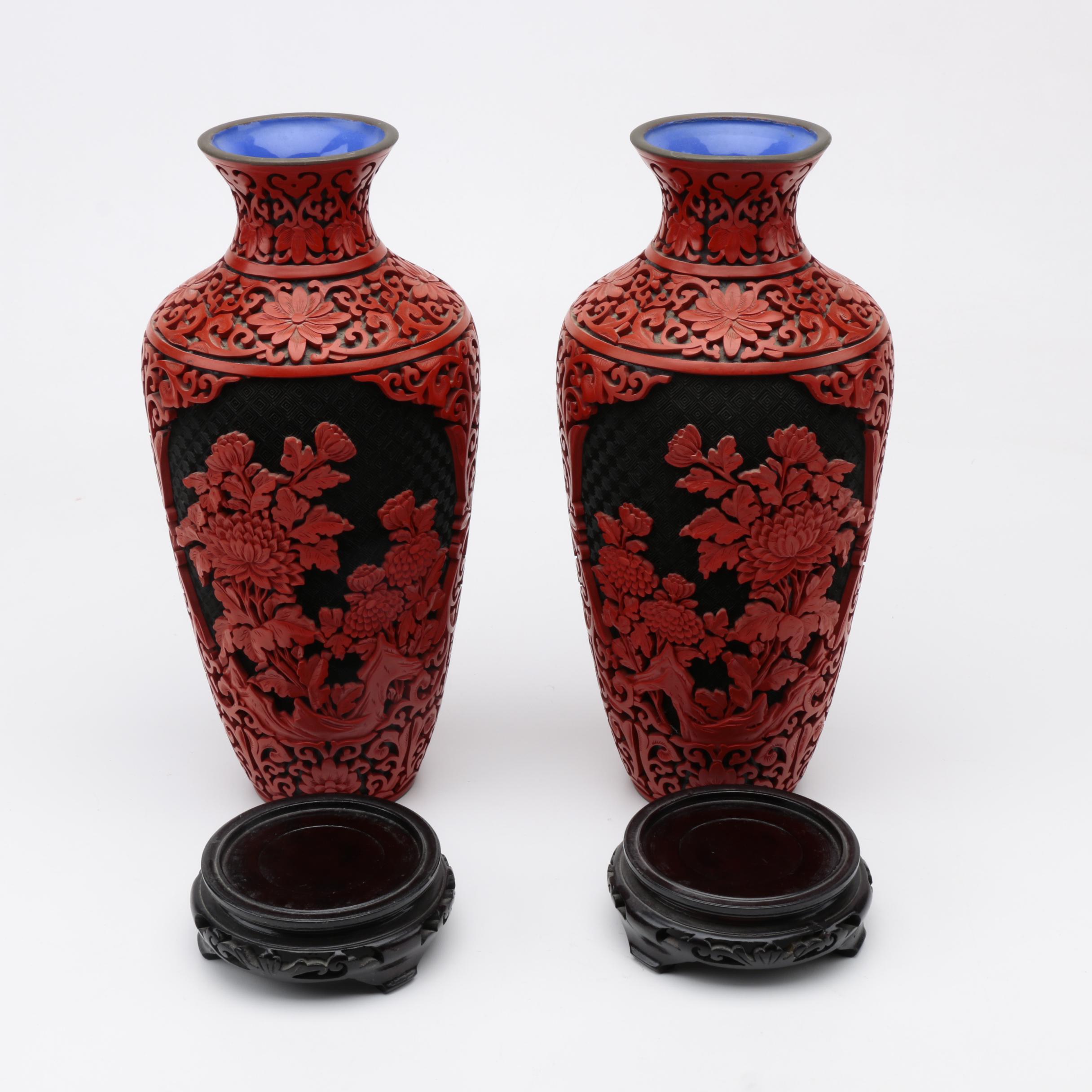 Pair of Chinese Cinnabar Style Vases