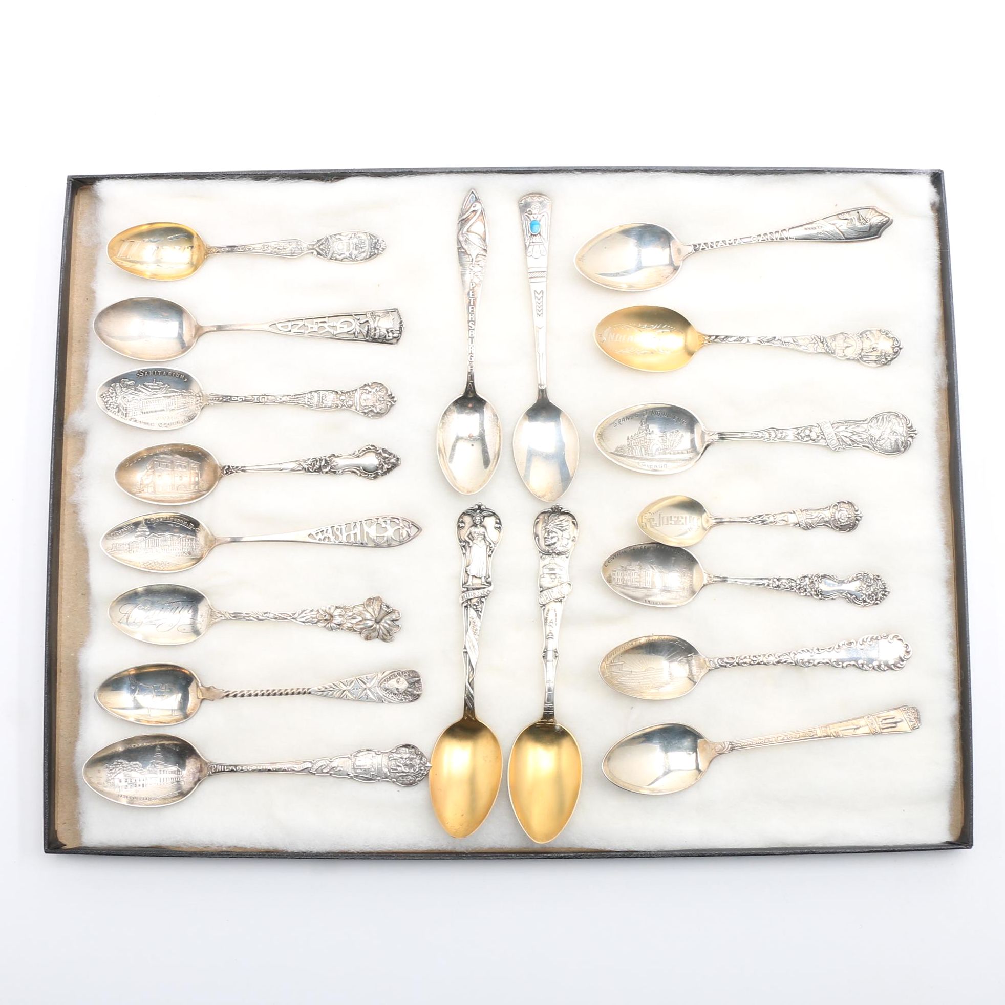 Nineteen Sterling and Coin Silver Souvenir Spoons from Various Cities