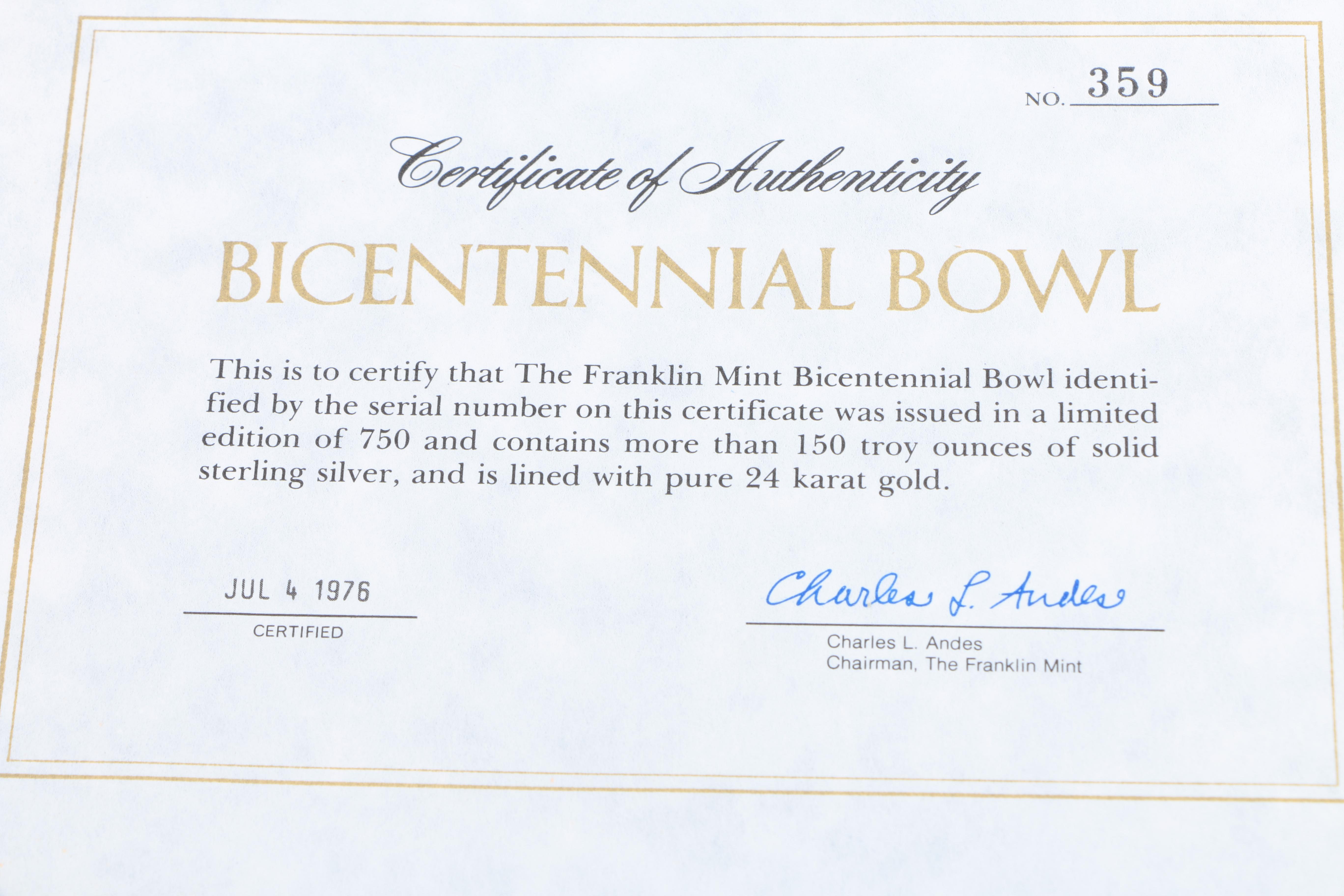 The Franklin Mint Sterling Silver "Bicentennial Bowl" with 24K Gold Lining