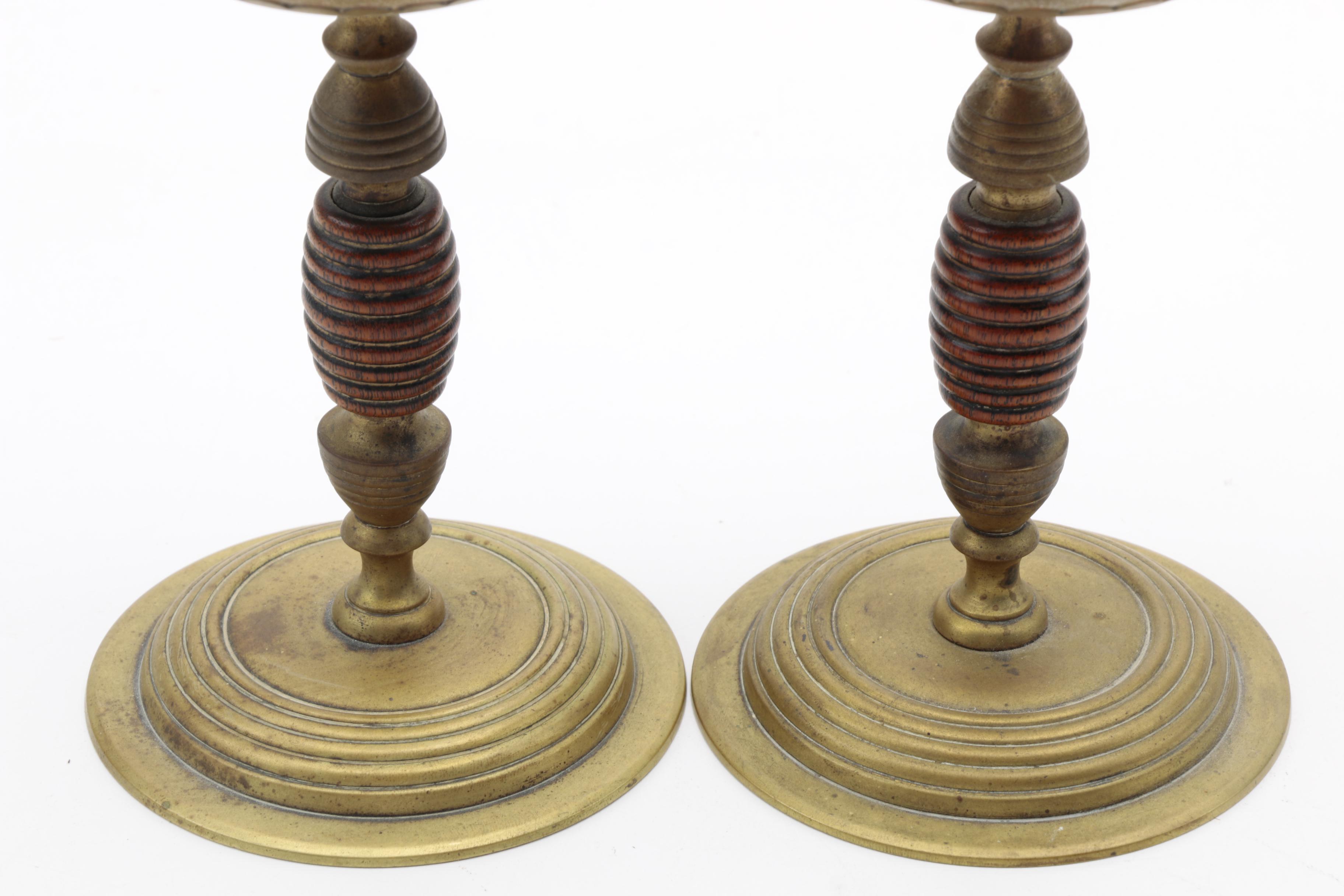 Pair of Brass and Wooden Embellished Candle Holders.