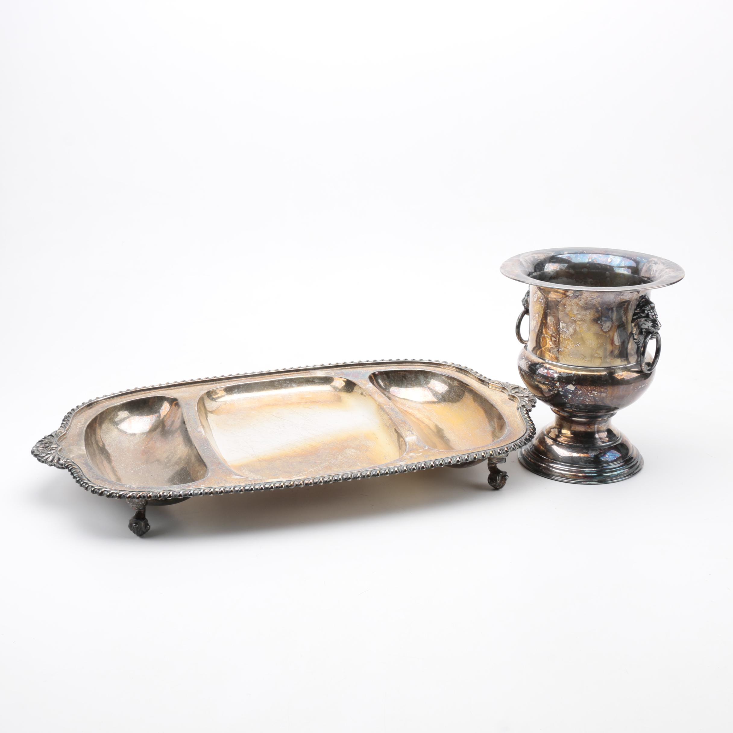 Silver Plate Divided Serving Tray and Wine Chiller