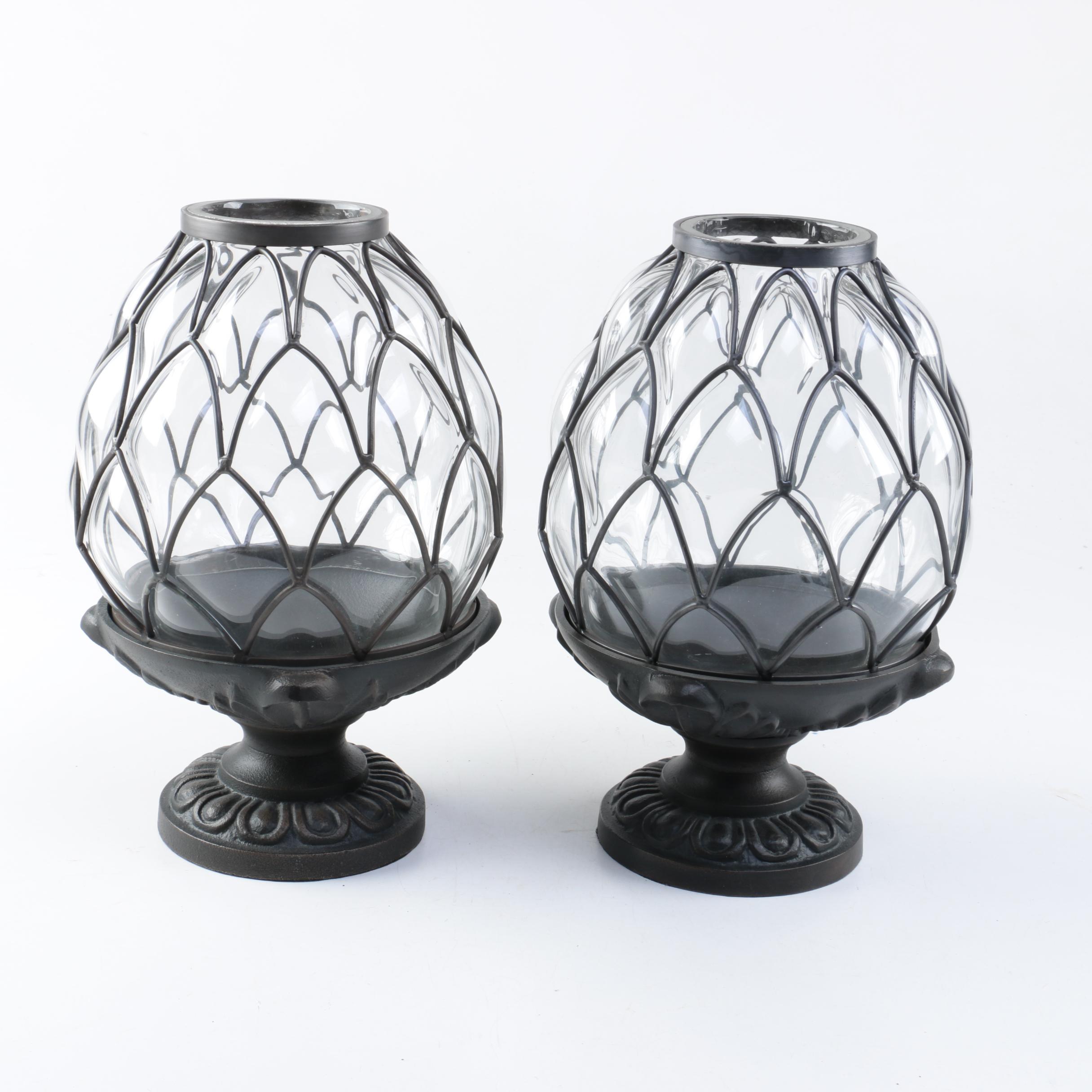Glass Pineapple Hurricanes with Iron Candle Holders