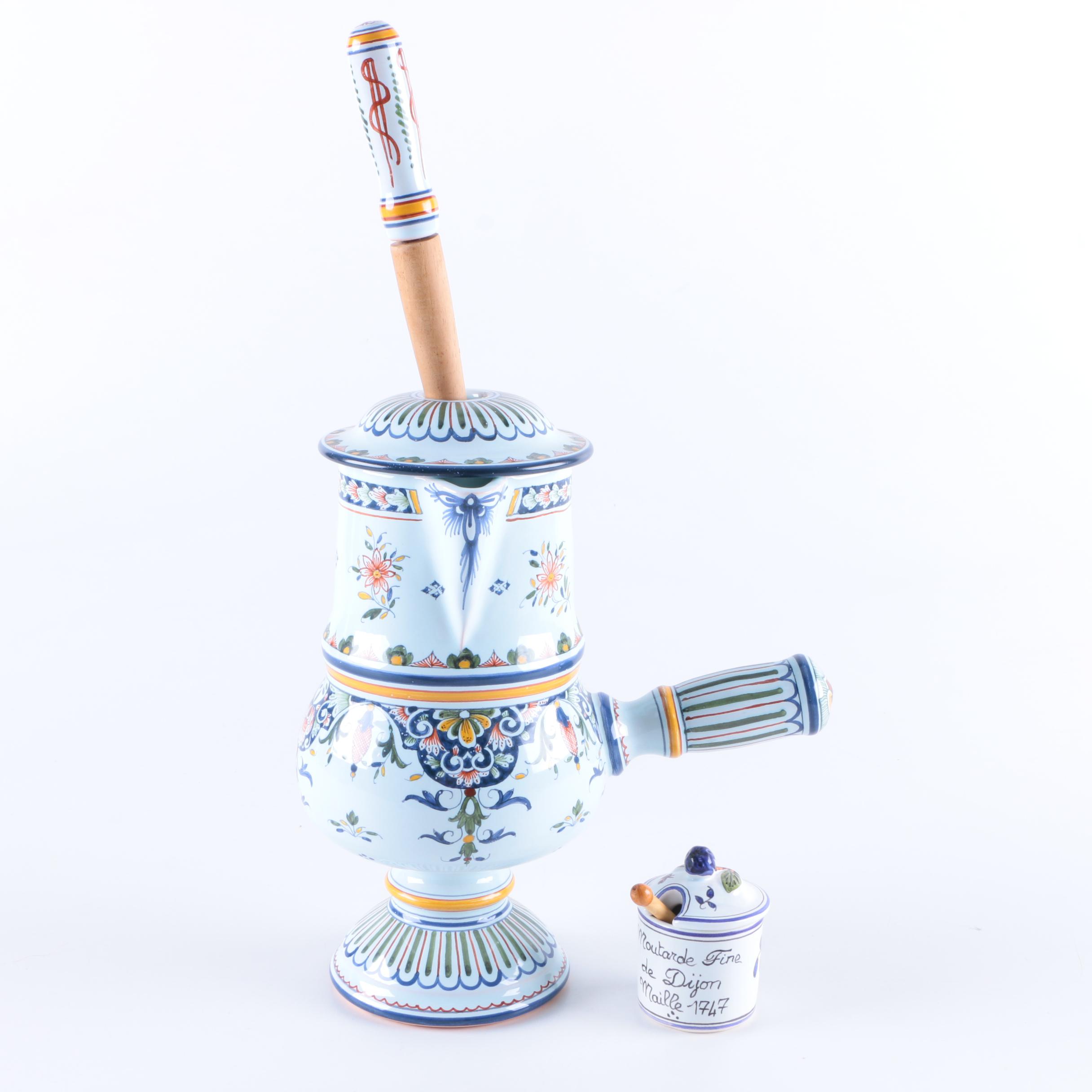 Chocolate Pot and Mustard Pot Faïence From Rouen