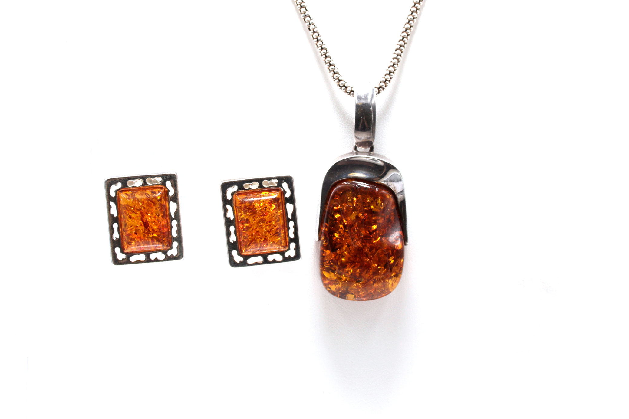 Sterling Silver Amber Necklace and Imitation Amber Earrings