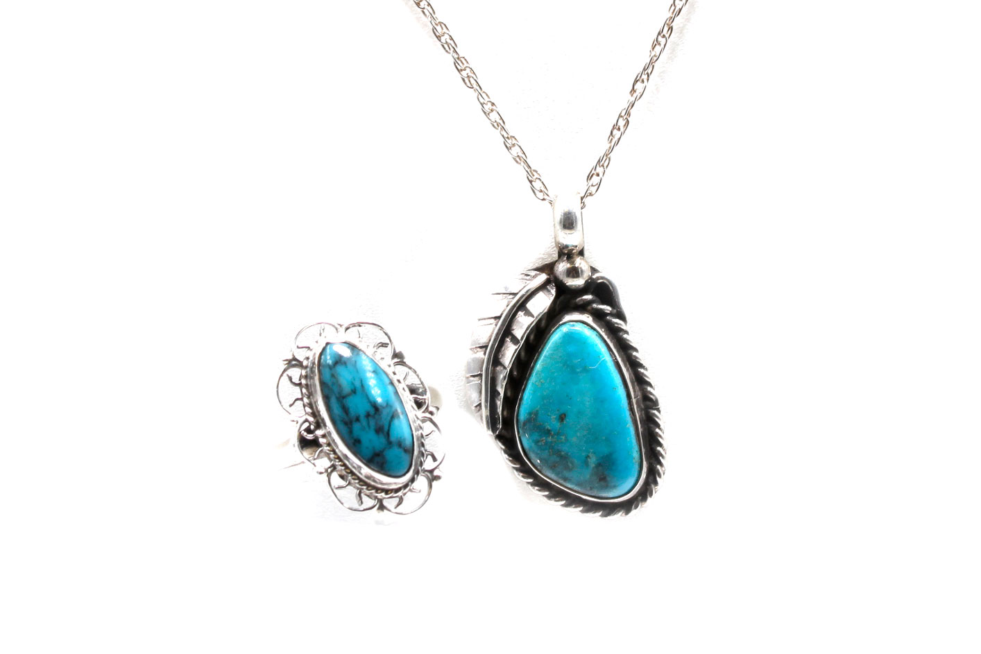 Sterling Silver Turquoise Pendant Necklace and Howlite Ring