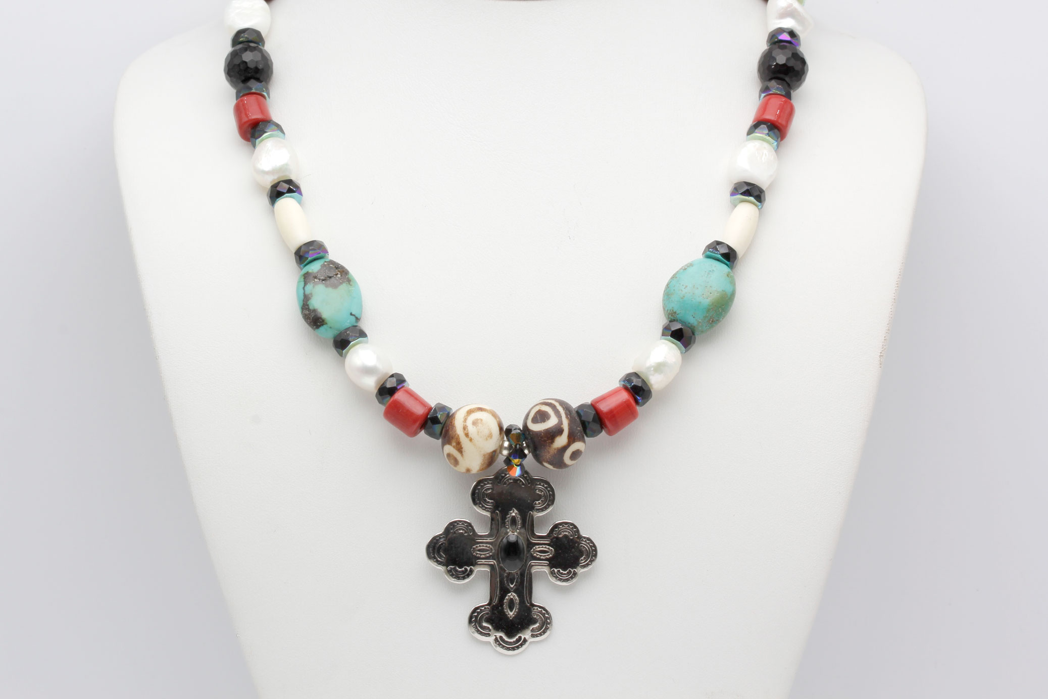 Silver Beaded Multi-Stone Necklace