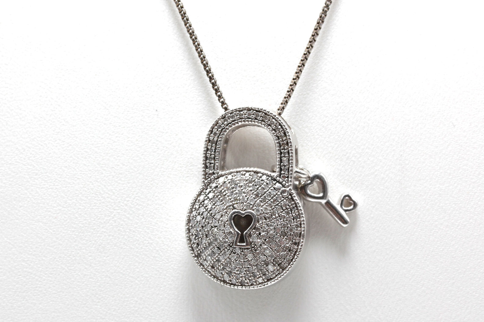 Sterling Silver Diamond Lock and Key Pendant Necklace