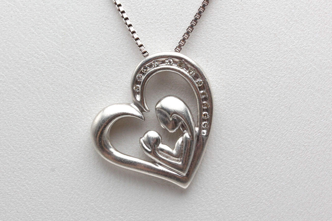 Sterling Silver Diamond Mother and Child Heart Pendant Necklace