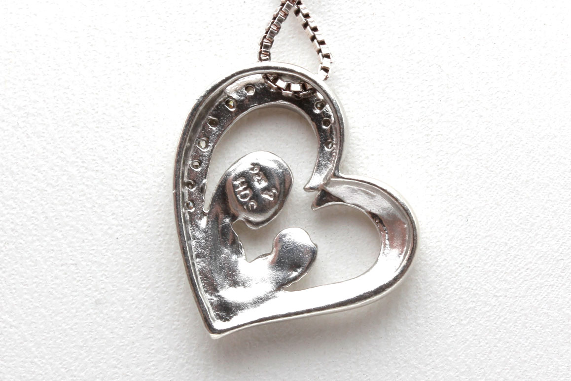 Sterling Silver Diamond Mother and Child Heart Pendant Necklace