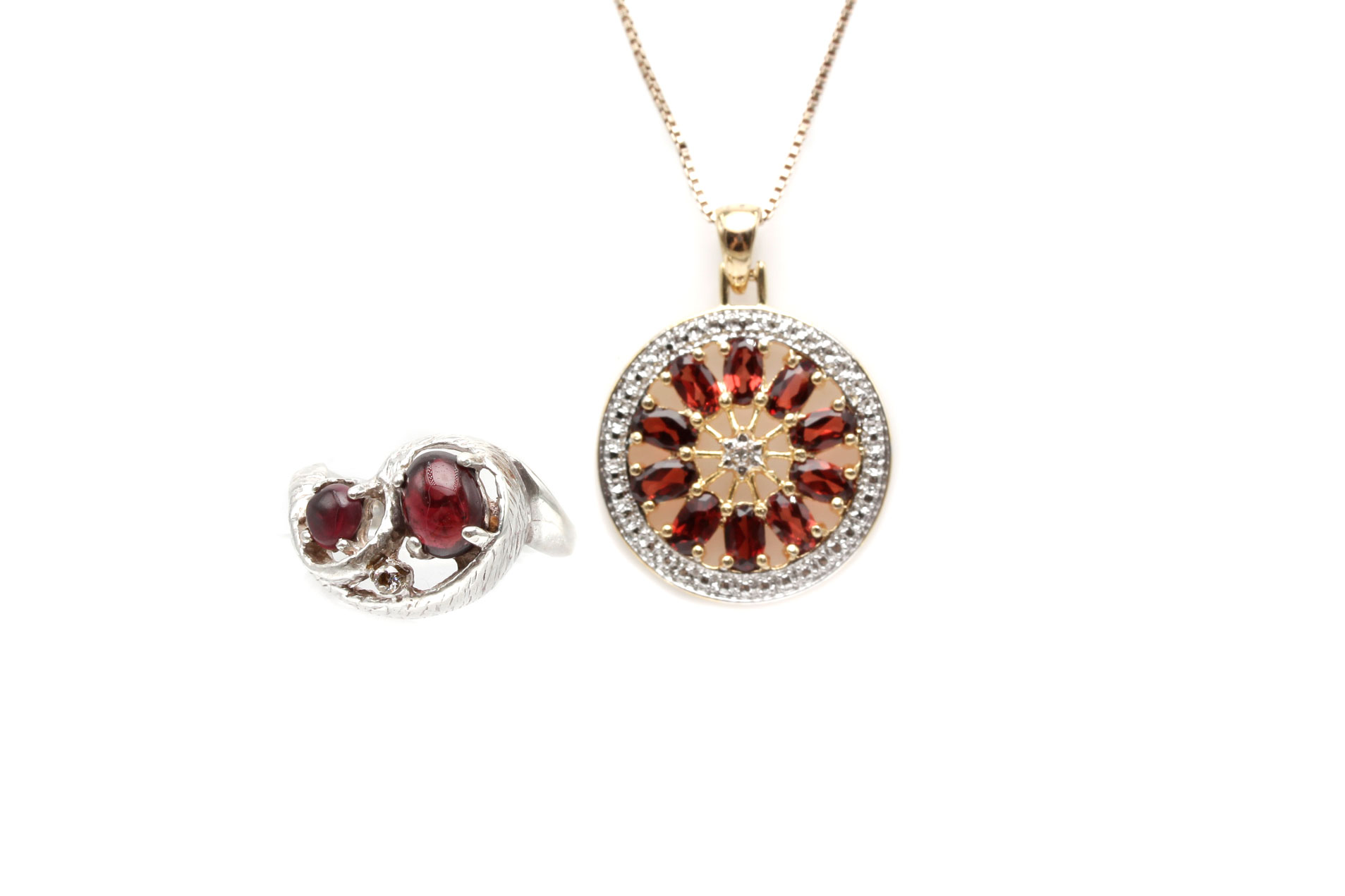Sterling Silver Garnet Ring and Necklace