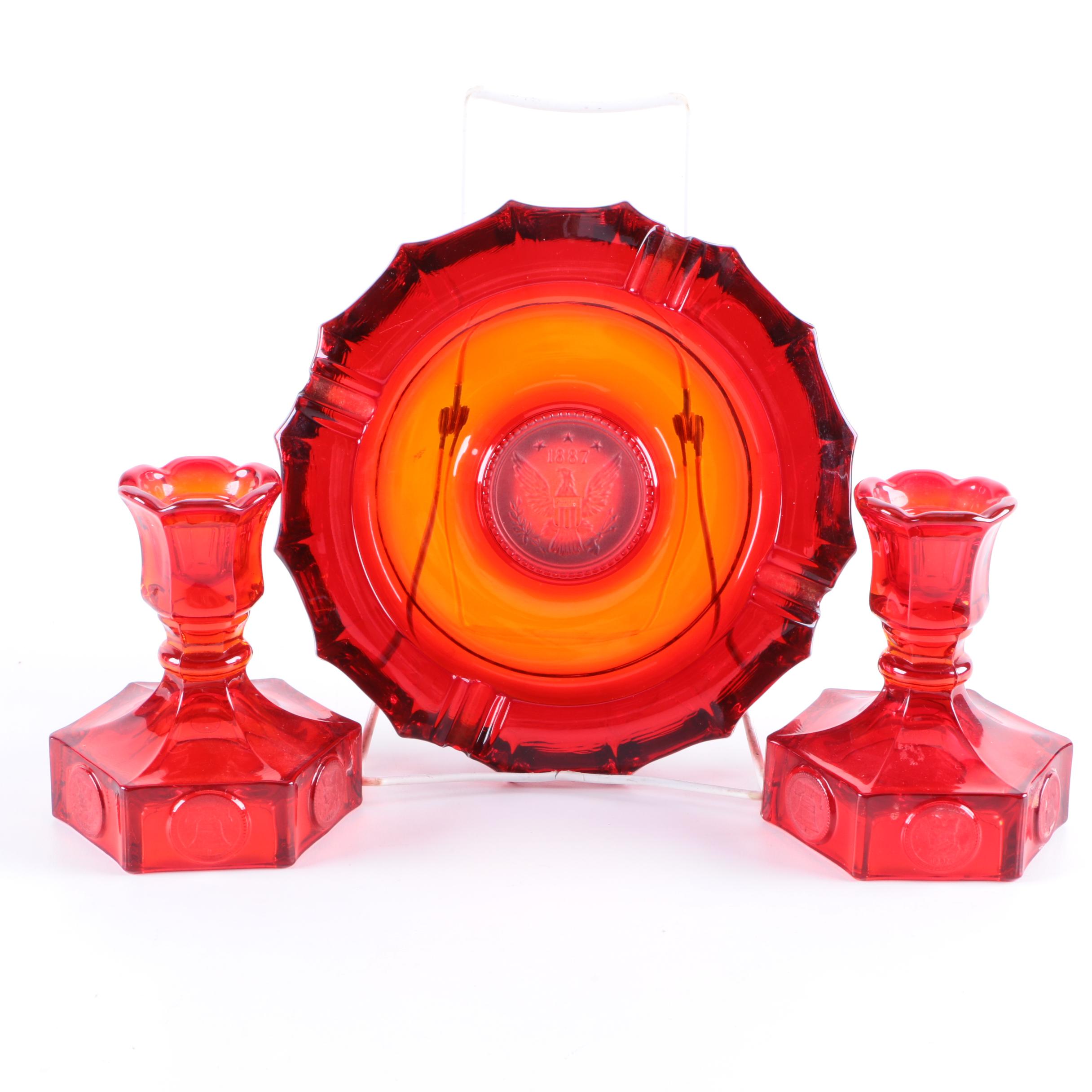 Vintage Fostoria Ruby Red Coin Glass Ashtray and Candleholders