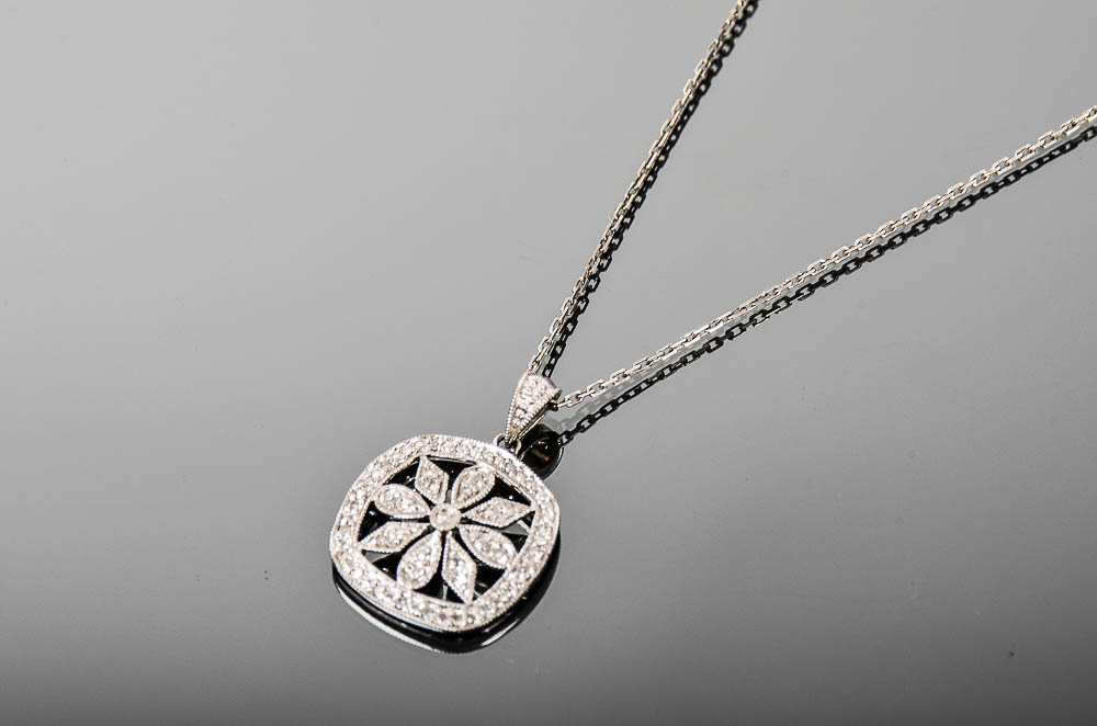 Sterling Silver and Cubic Zirconia Milgrain Flower Pendant Necklace
