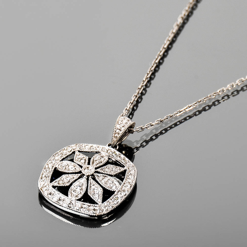 Sterling Silver and Cubic Zirconia Milgrain Flower Pendant Necklace
