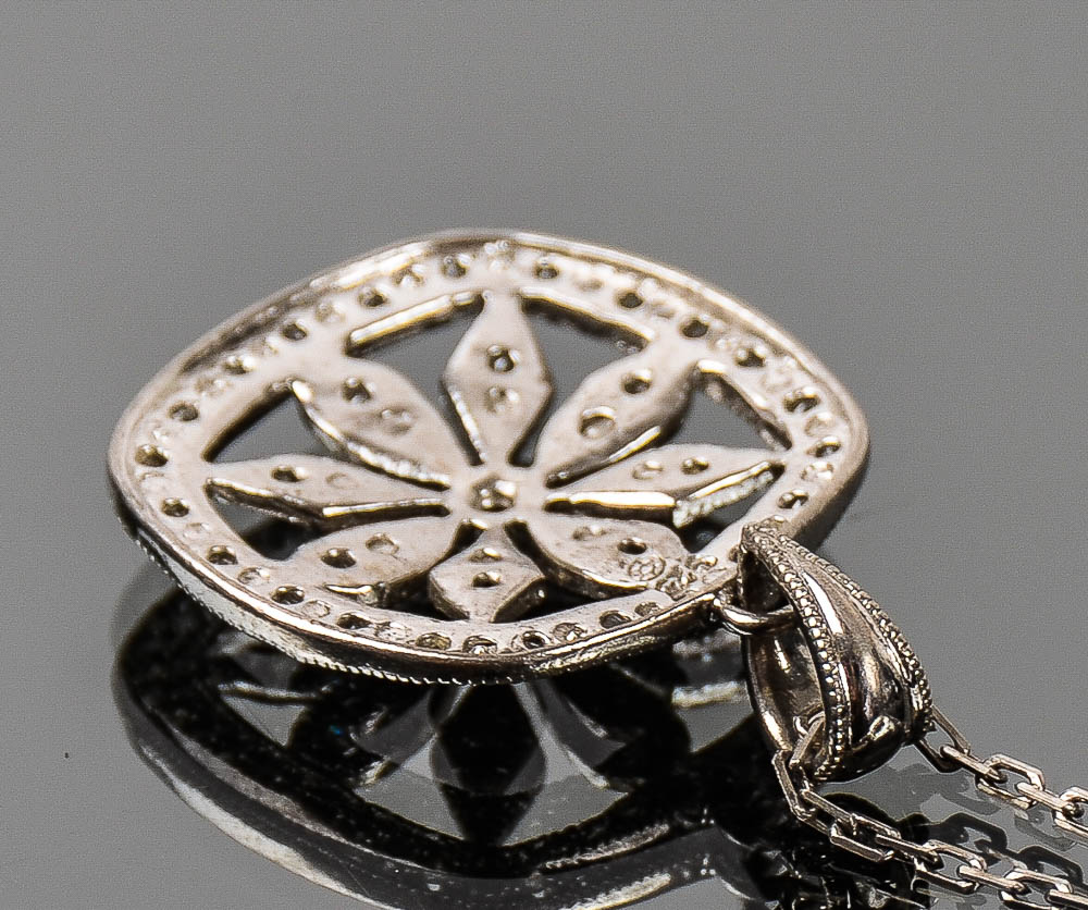 Sterling Silver and Cubic Zirconia Milgrain Flower Pendant Necklace