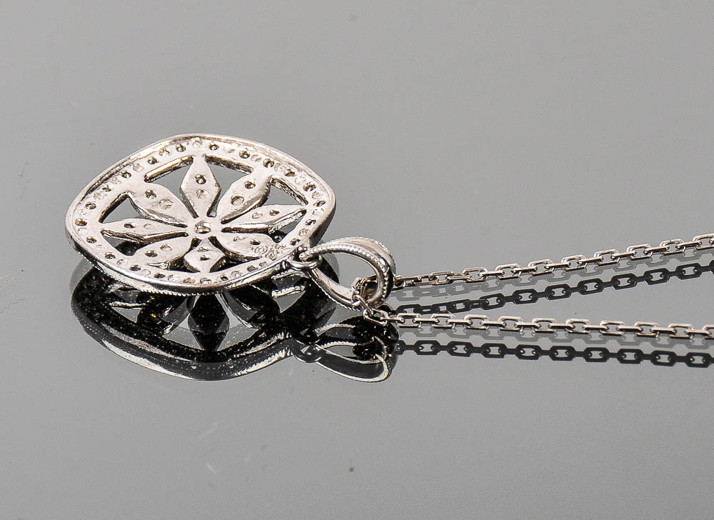 Sterling Silver and Cubic Zirconia Milgrain Flower Pendant Necklace