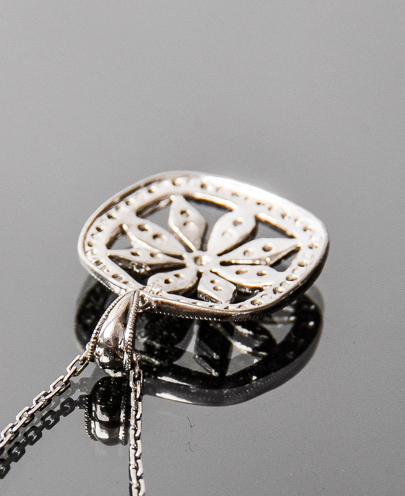 Sterling Silver and Cubic Zirconia Milgrain Flower Pendant Necklace