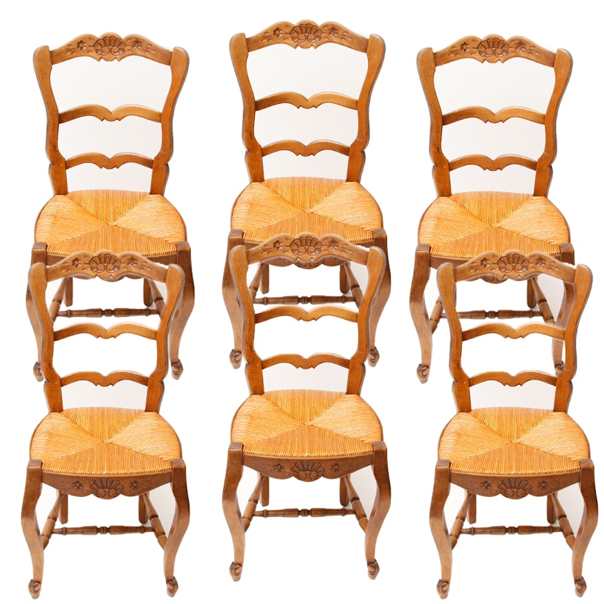 Vintage Carved Wooden Dining Chairs with Reeded Seats