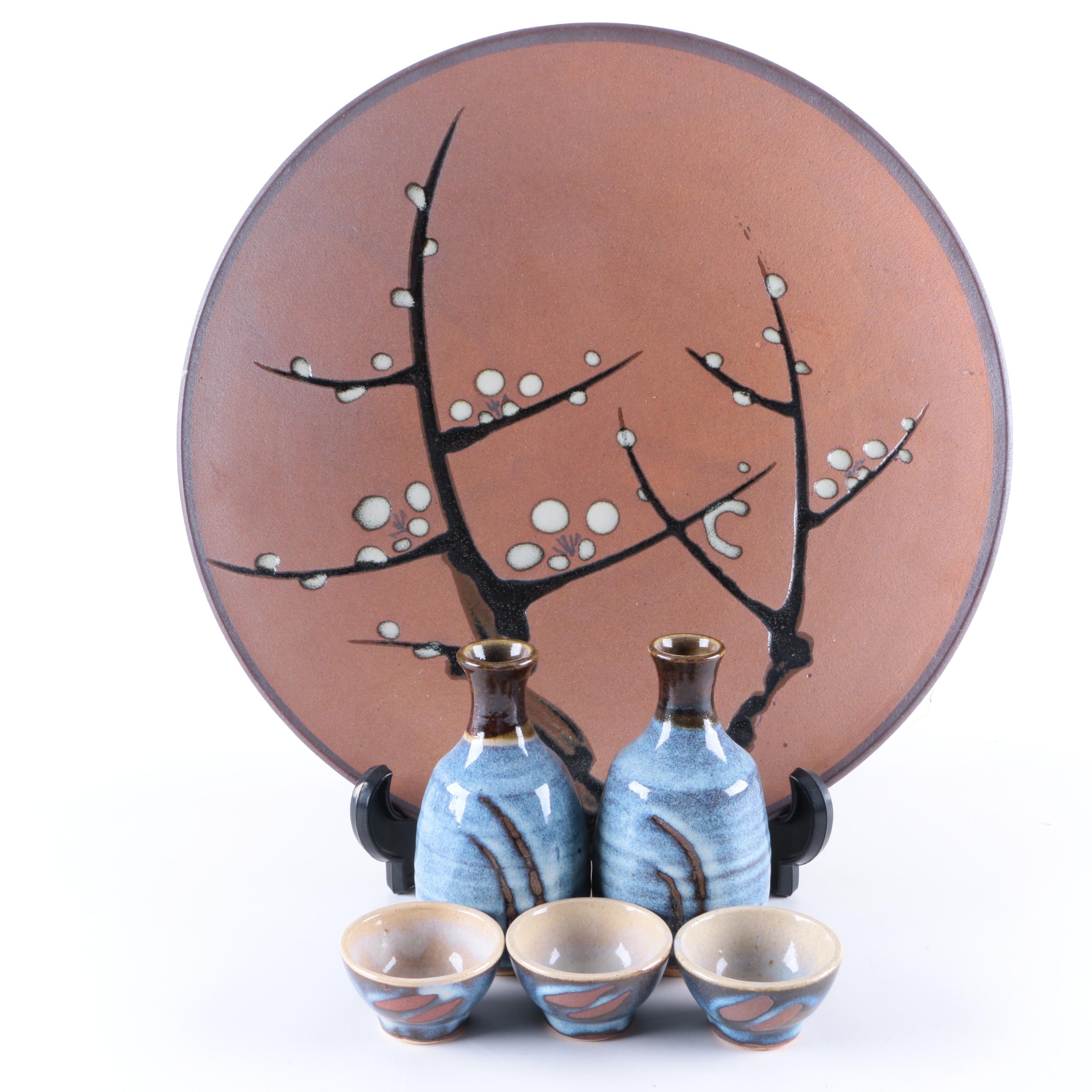 Saki Bottles and Cups with Decorative Plate